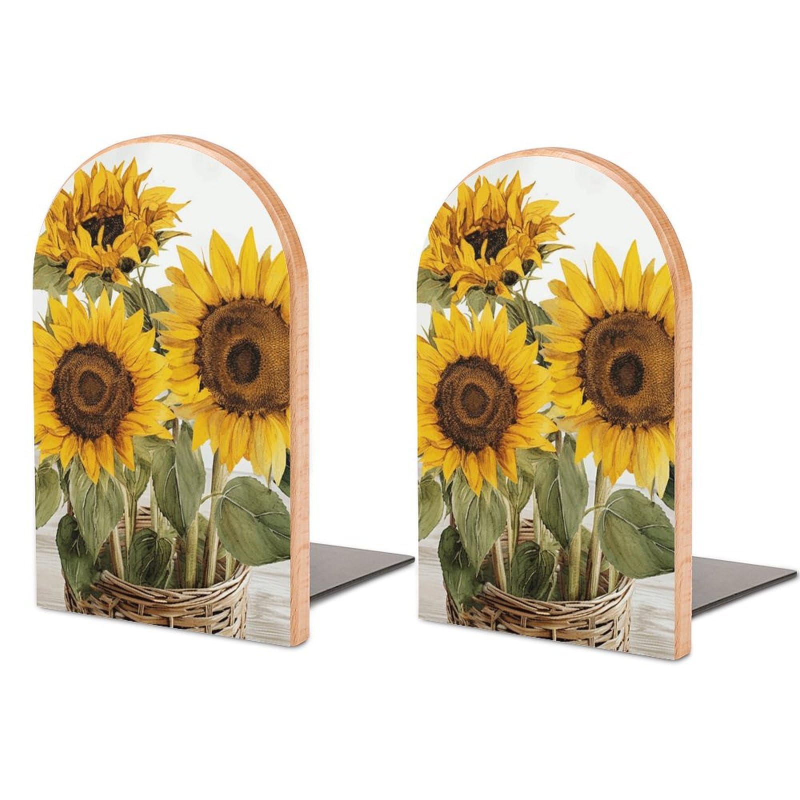 Serre-livres réglables en bois de hêtre motif tournesols pour étagère de salon