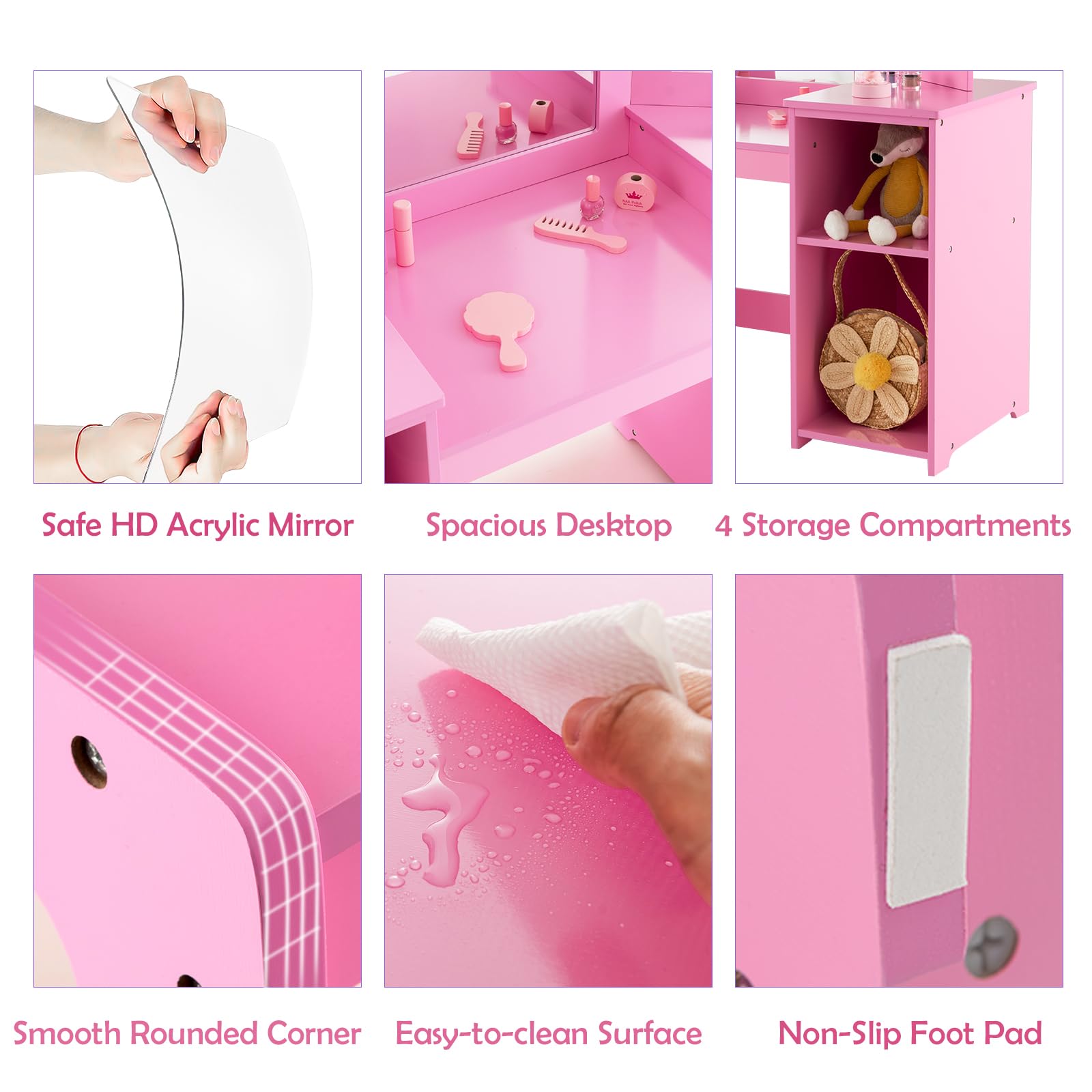 LIFEZEAL Tocador 2 en 1 para niña con Taburete 3+ años, Juego de tocador Infantil, Mesa de Maquillaje con 4 Compartimentos, Escritorio Infantil de Madera con Espejo extraíble y Plegable (Rosa)