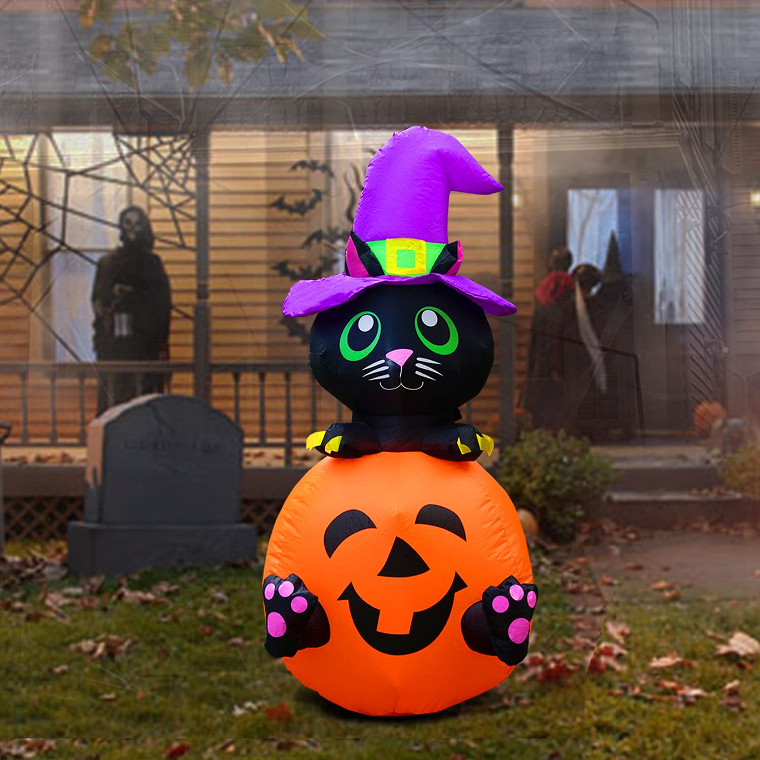 JF Deco Halloween 1.2m Inflatable Pumpkin Cat with Purple Magic Hat LED Light Blow up Home Yard Lawn Garden Party Indoor Outdoor Decoration