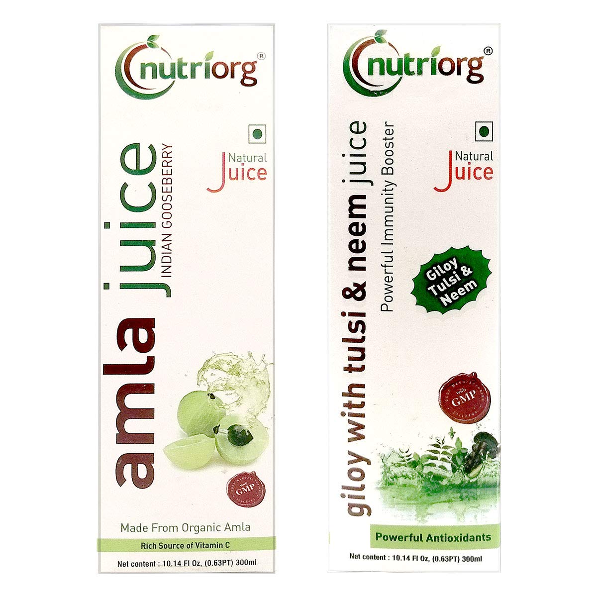 Nutriorg Amla & Giloy with Neem Tulsi Juice 600ml (Pack of 2 * 300ml) | Vitamin C Rich | Immunity Booster