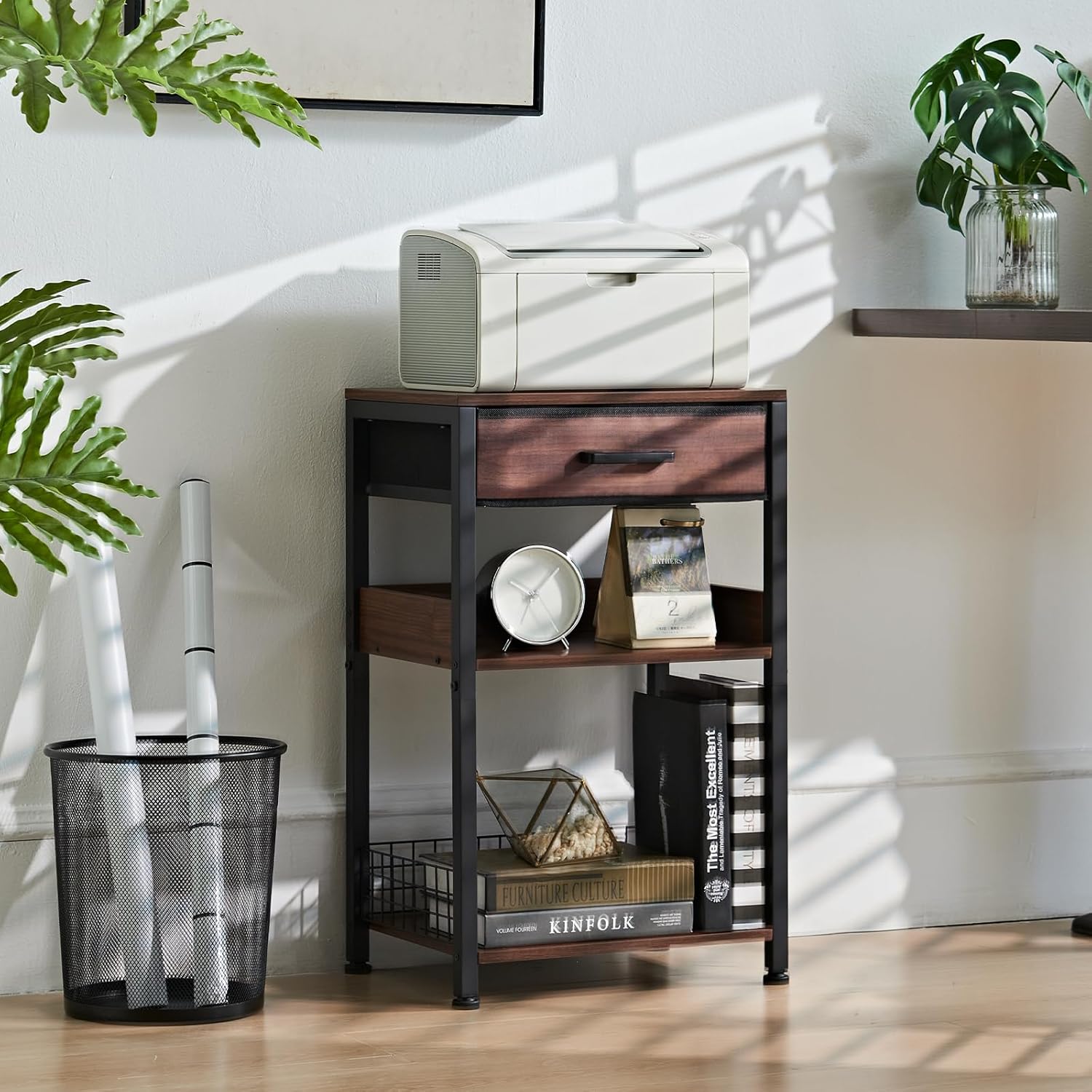 Lerliuo Walnut Printer Stand with Fabric Drawer, 3 Tier Industrial Side Table, Modern Small Printer Desk Holder with Storage Shelf,Multi-Functional Bedside Tables for Home Office Fax Machine Scanner