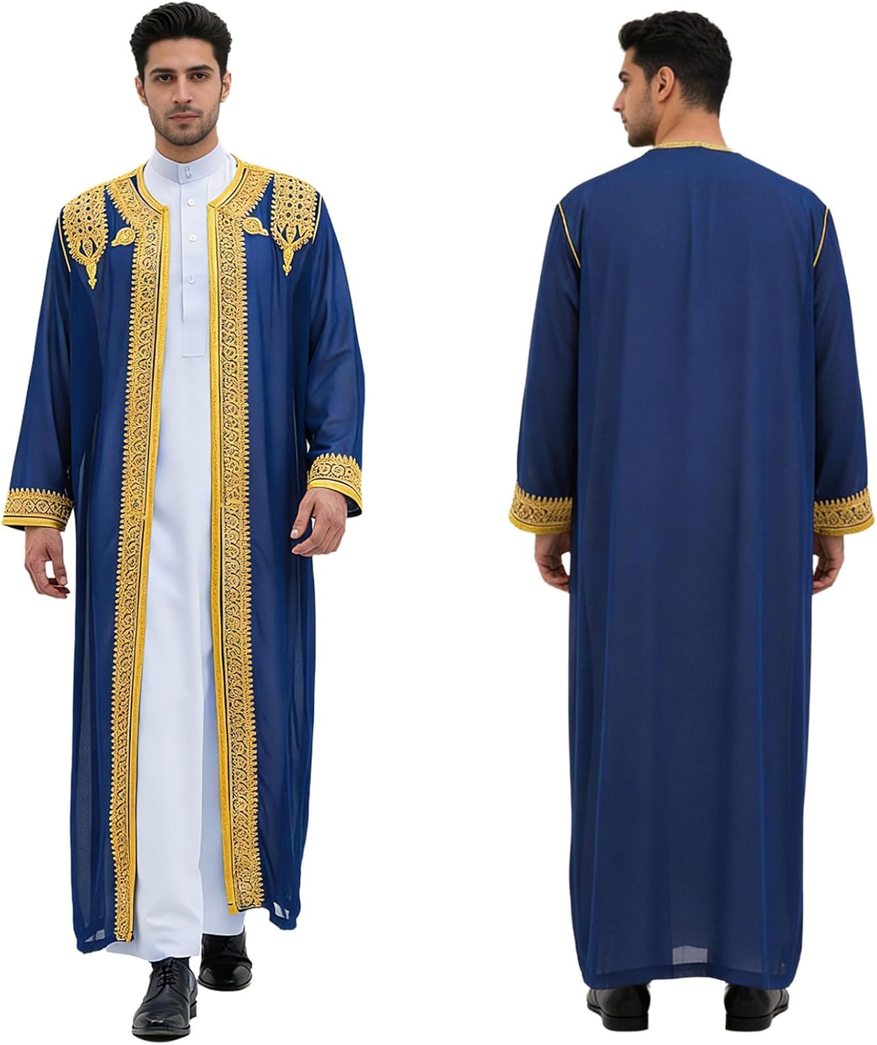 XUNZOO Men's Cultural Thobe Gold Trim Embroidered Robe Long Sleeve Pullover Robe Cardigan Jacket
