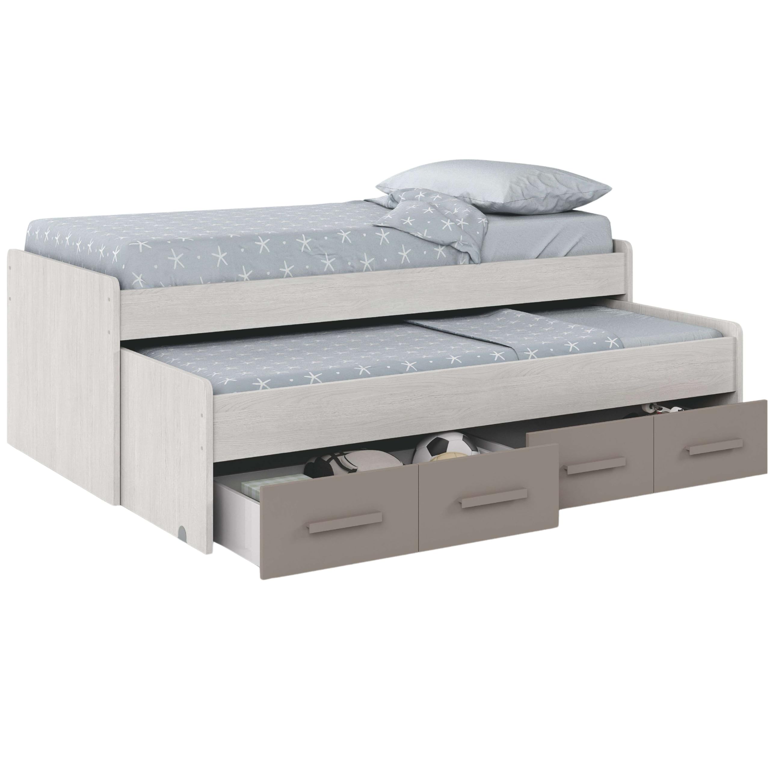 Habitdesign Cama Nido Juvenil, 2 Camas y 2 cajones, Modelo Ares, Acabado en Color Blanco Alpes y Basalto, Medidas: 198 cm (Ancho) x 69 cm (Alto) x 96 cm (Fondo)