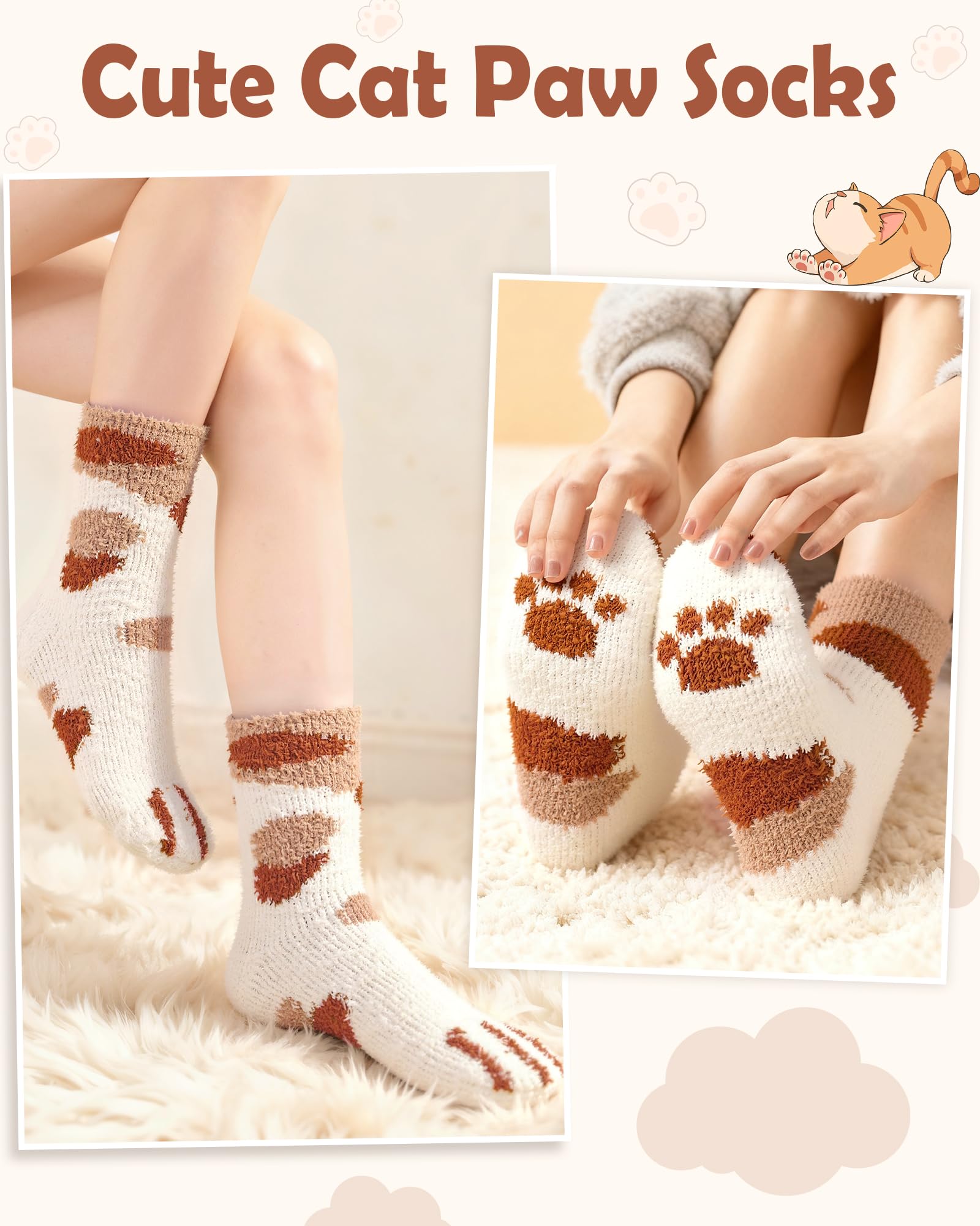 6 Pairs Womens Fuzzy Socks Winter Warm Soft Cozy Fluffy Microfiber House Sleeping Slipper Socks Christmas Gifts: A1-cat Socks