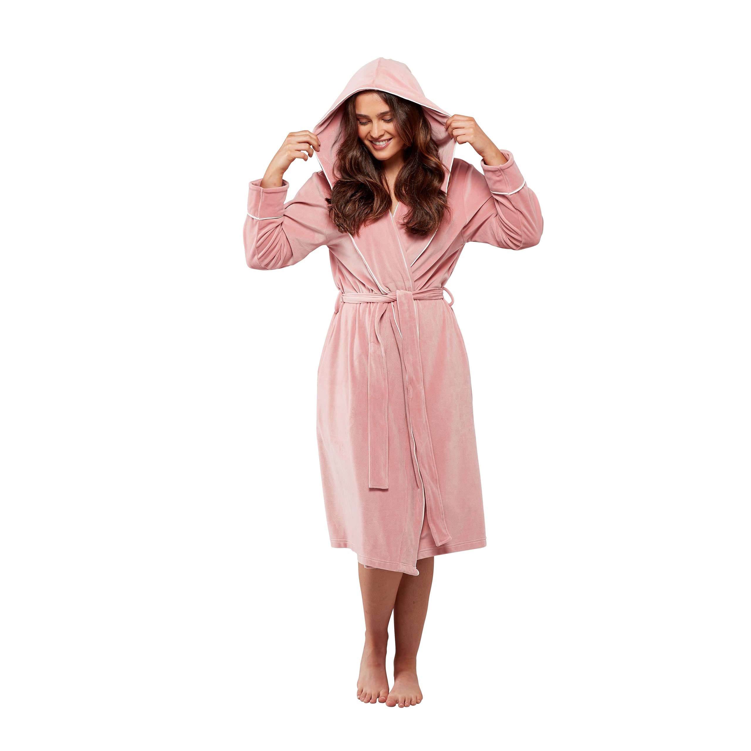 Wysteria Lane Women’s Hooded Velour Dressing Gown Robe, Pink, M/L (UK 14-16, EU 42-44), Length 112 cm (44"), wrapover style with tie belt, pockets, super soft plush stretch fabric, contrast piping