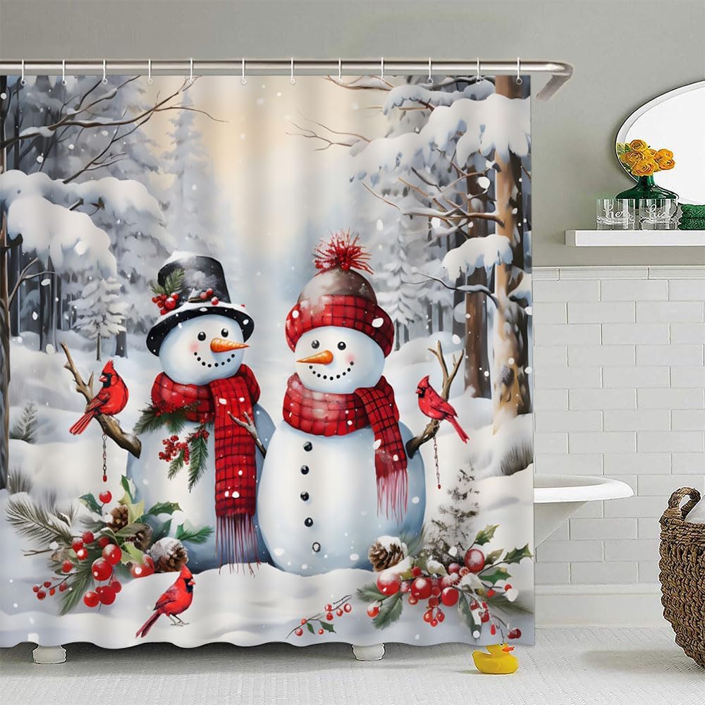 Christmas Snowman Shower Curtain Winter Snow Scene Merry Christmas Red Bird Happy New Year Snowflake Rustic Farmhouse Holiday Bathroom Curtain Set Polyester Fabric Hooks 70 X 70 Inch