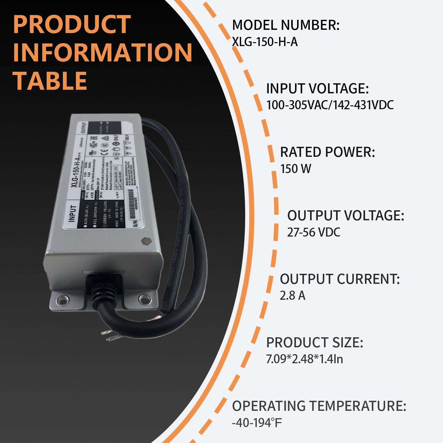 XLG-150-H-A 150W LED Driver, 100-305VAC Input, 27-56VDC Output, for Industrial, Stage, Outdoor & Marine Lighting