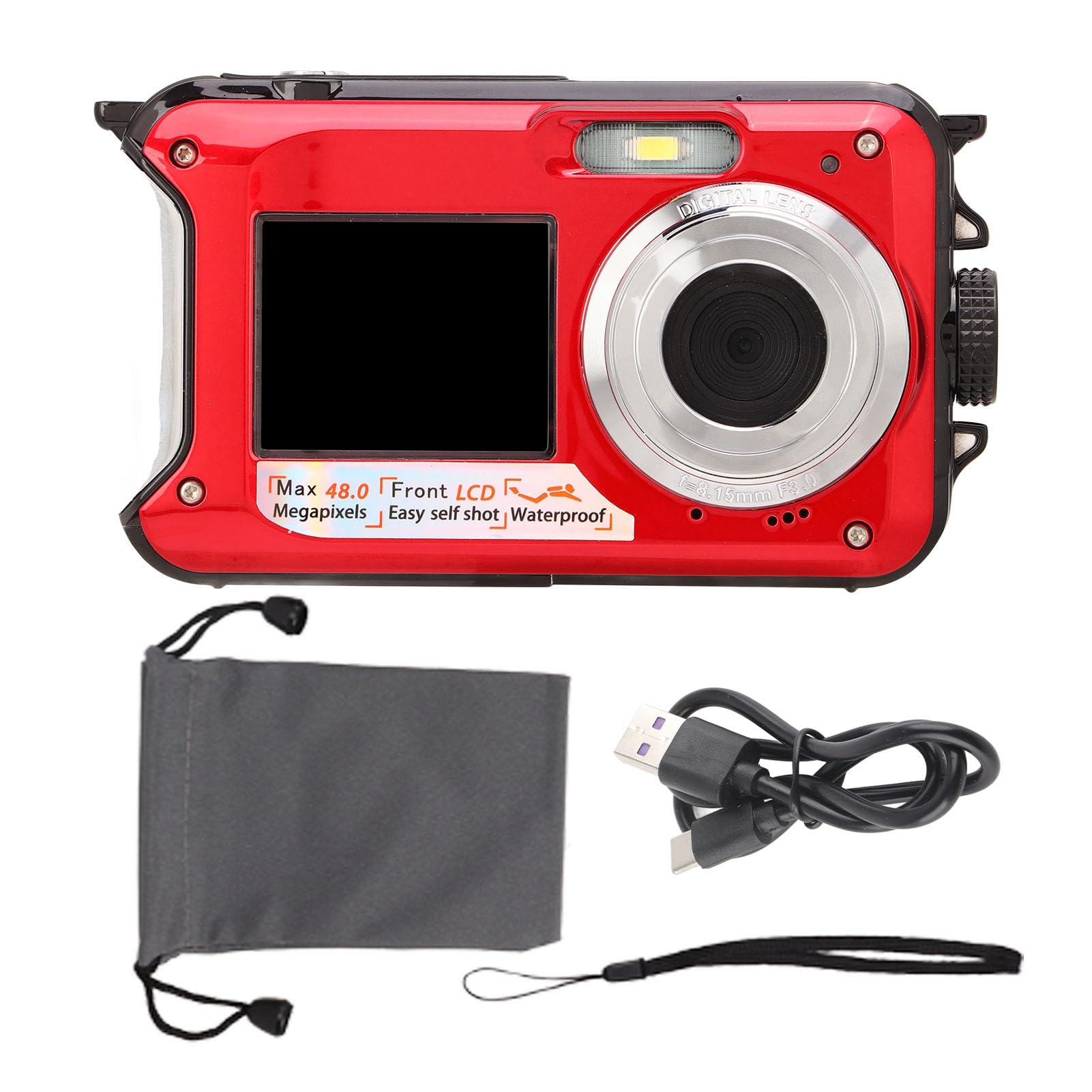 lvifloae Underwater Camera, Full HD 2.7K 48MP 10ft Water Underwater Digital Camera 16X Digital Zoom Front Rear Double Screens Water Digital Camera (Red)