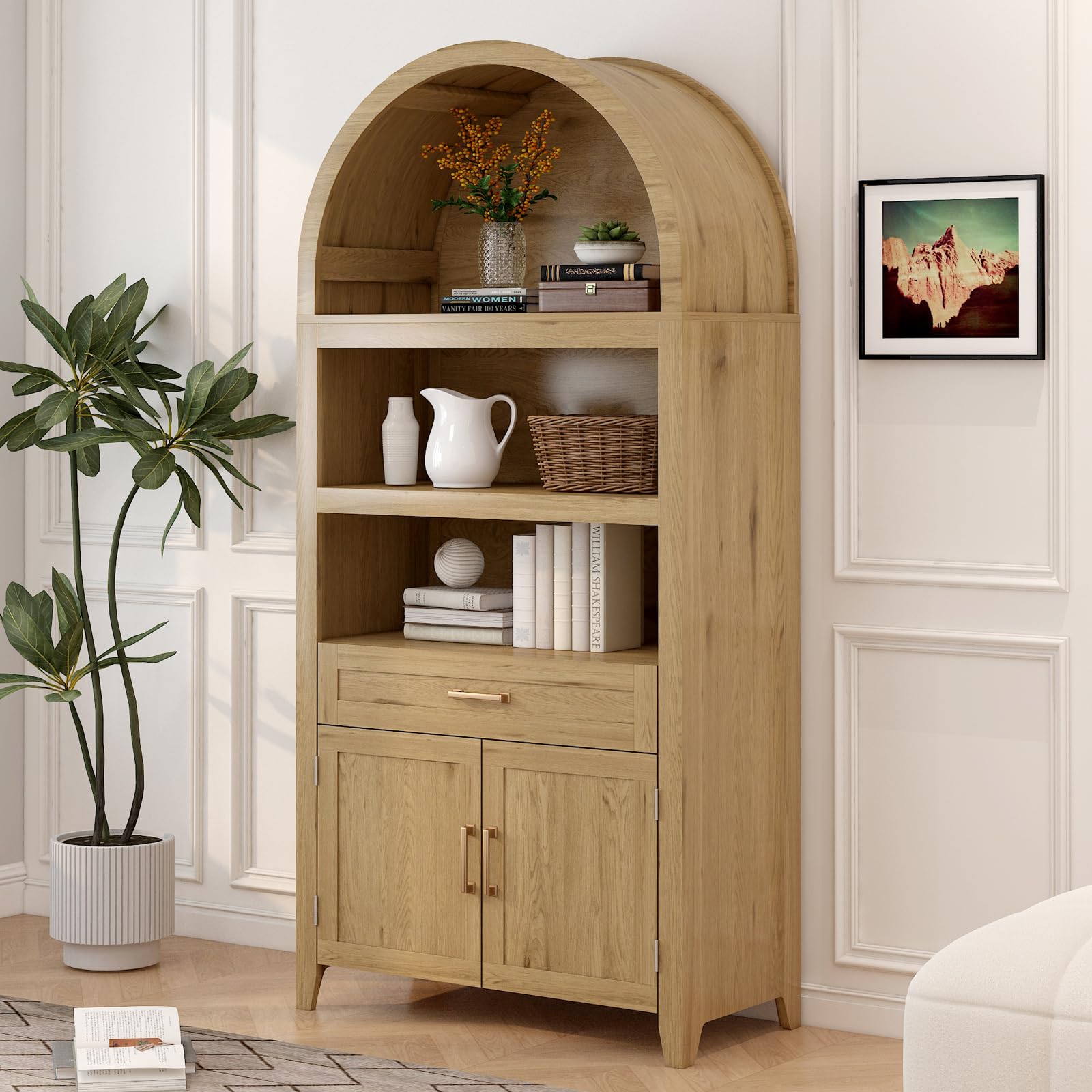 Tall Arched Display Cabinet, Rounded Bookshelf with Doors, Open Shelf Storage for Dining Room & Bedroom, Elegant Bookcase, Stylish Storage Solution, Space-Saving Design