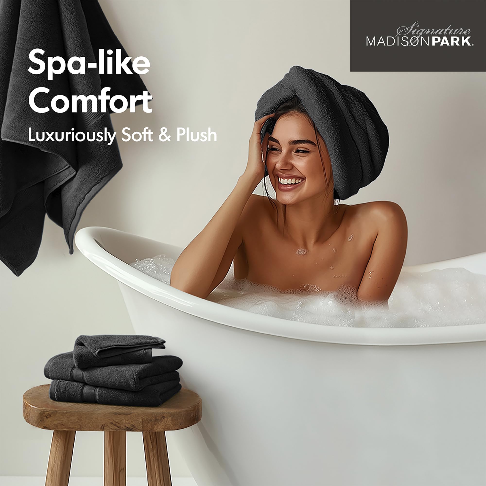 Madison Park Signature Lot de 2 Serviettes de Bain luxueuses, 100% Coton, 800 g/m², très absorbantes, séchage Rapide, qualité hôtelière et Spa, pour Salle de Bain, 86,4 x 172,7 cm, Noir