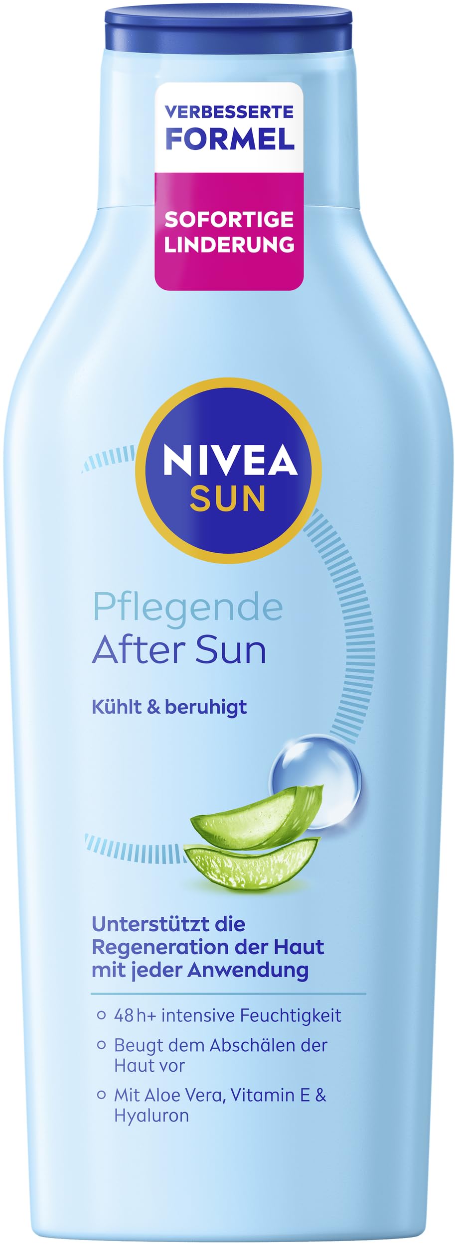 NIVEA SUN Pflegende After Sun Lotion, Körperlotion mit hautberuhigender Wirkung nach dem Sonnenbad, After Sun mit Bio-Aloe Vera, Vitamin E & Hyaluron für 48h Feuchtigkeit (400 ml)