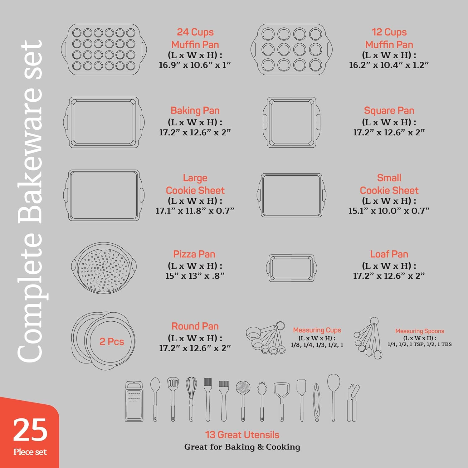 Baking Pan Set - Nonstick Coating, Carbon Steel Bakeware Set with Red Silicone Handles, PFOA, PFOS, PTFE Free, Recipe Booklet Included, Oven Safe Tray (Up To 450° F), Set of 25 - Black