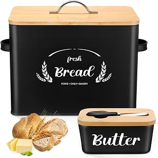 2 Pcs Large Bread Box Set for Kitchen Countertop with Ceramic Butter Dish Holder Bamboo Lid Knife Metal Bread Holder Farmhouse Kitchen Storage Container for Home Housewarming Gift(Black)