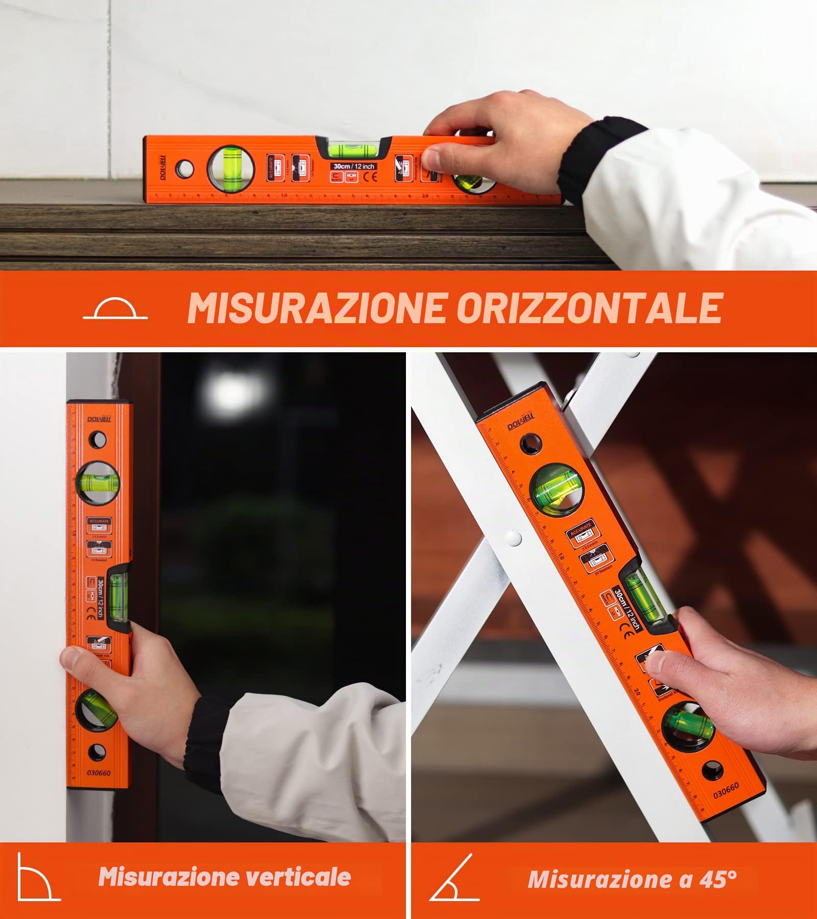 Dowell livello magnetico, scala metrica 300mm / 12 pollici, 3 libellule diverse