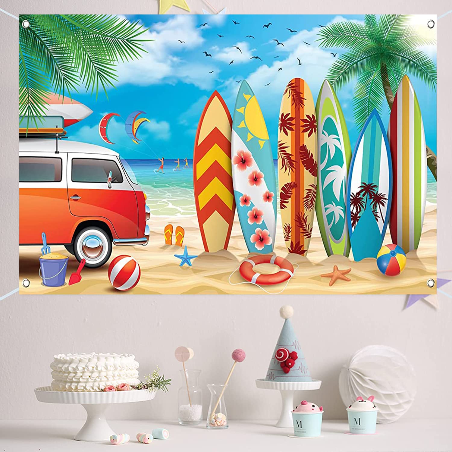Beach Party Backdrop Banner - 70.8x43.3 Inch Hawaiian Pool Surfboard Theme For Birthday & Summer Decor, With String - View #3