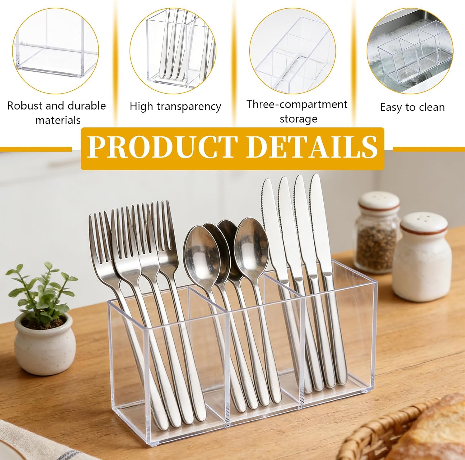 2 Pieces 3 Compartment Clear Silverware Caddy, Kitchen Utensil Holder for Countertop, Flatware Organizer Cutlery Caddy for Fork Knife Spoon Tableware Storage Party Buffet Picnic (2 Pieces)