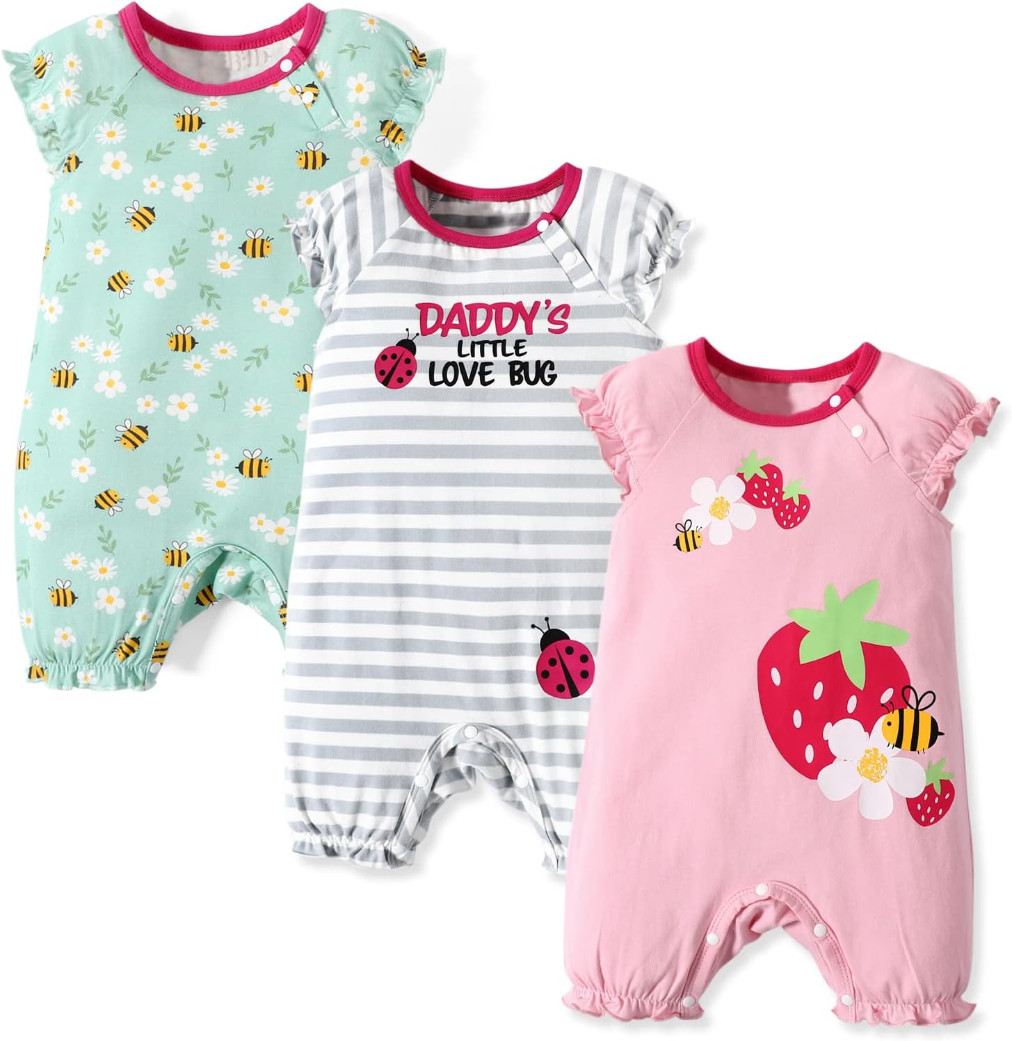 AdoraCute by PatPatBaby Boys Girls Short Sleeve Bodysuit Pack of 3 Cotton Baby Botton Up Rompers Newborn-24 Months