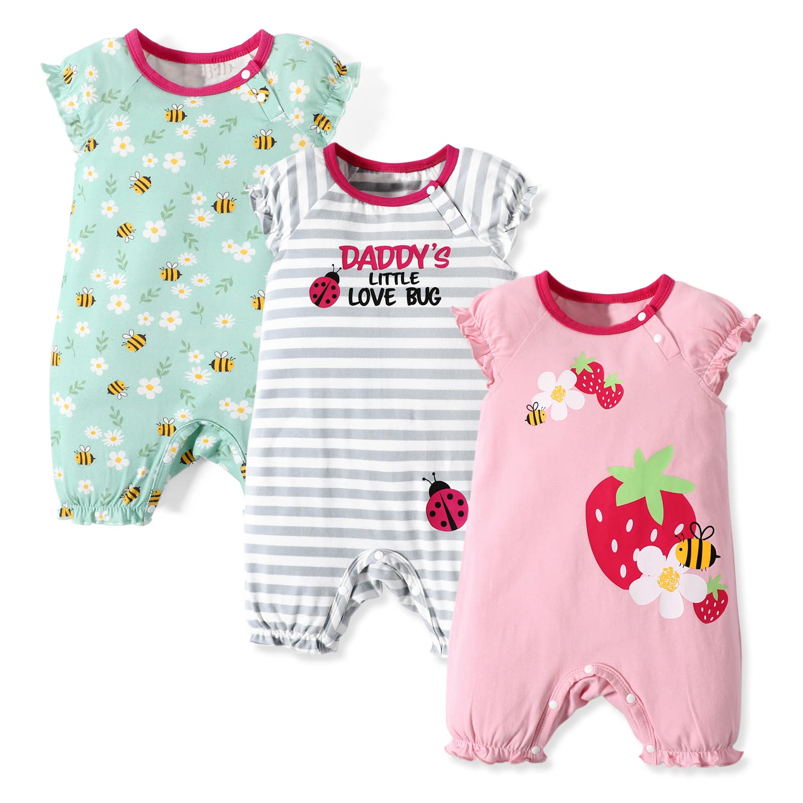 AdoraCute by PatPatBaby Boys Girls Short Sleeve Bodysuit Pack of 3 Cotton Baby Botton Up Rompers Newborn-24 Months