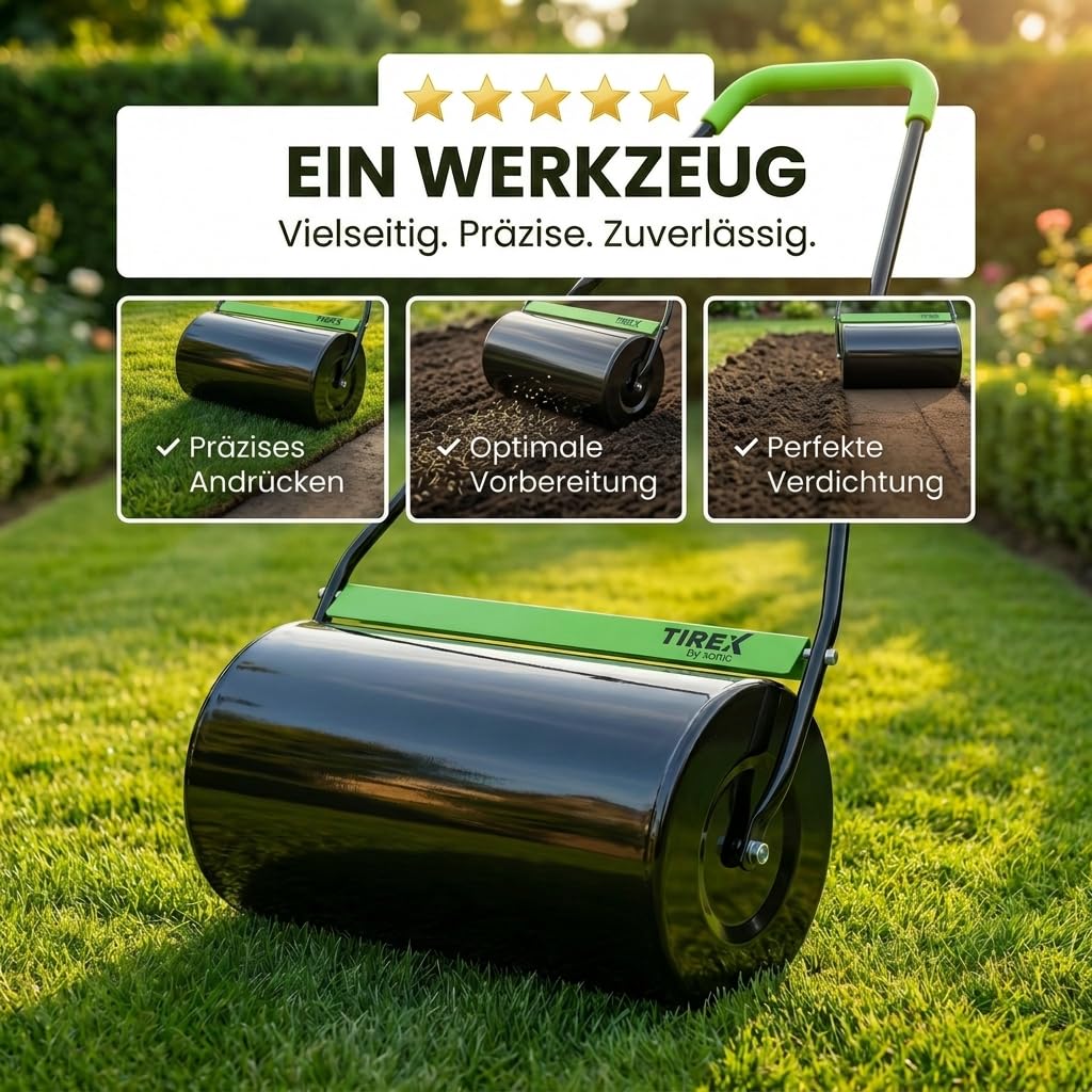TIREX by xonic® Rasenwalze, Gartenwalze aus Metall, Befüllbar bis 50L, Handwalze für Garten und Rasen (Grün)