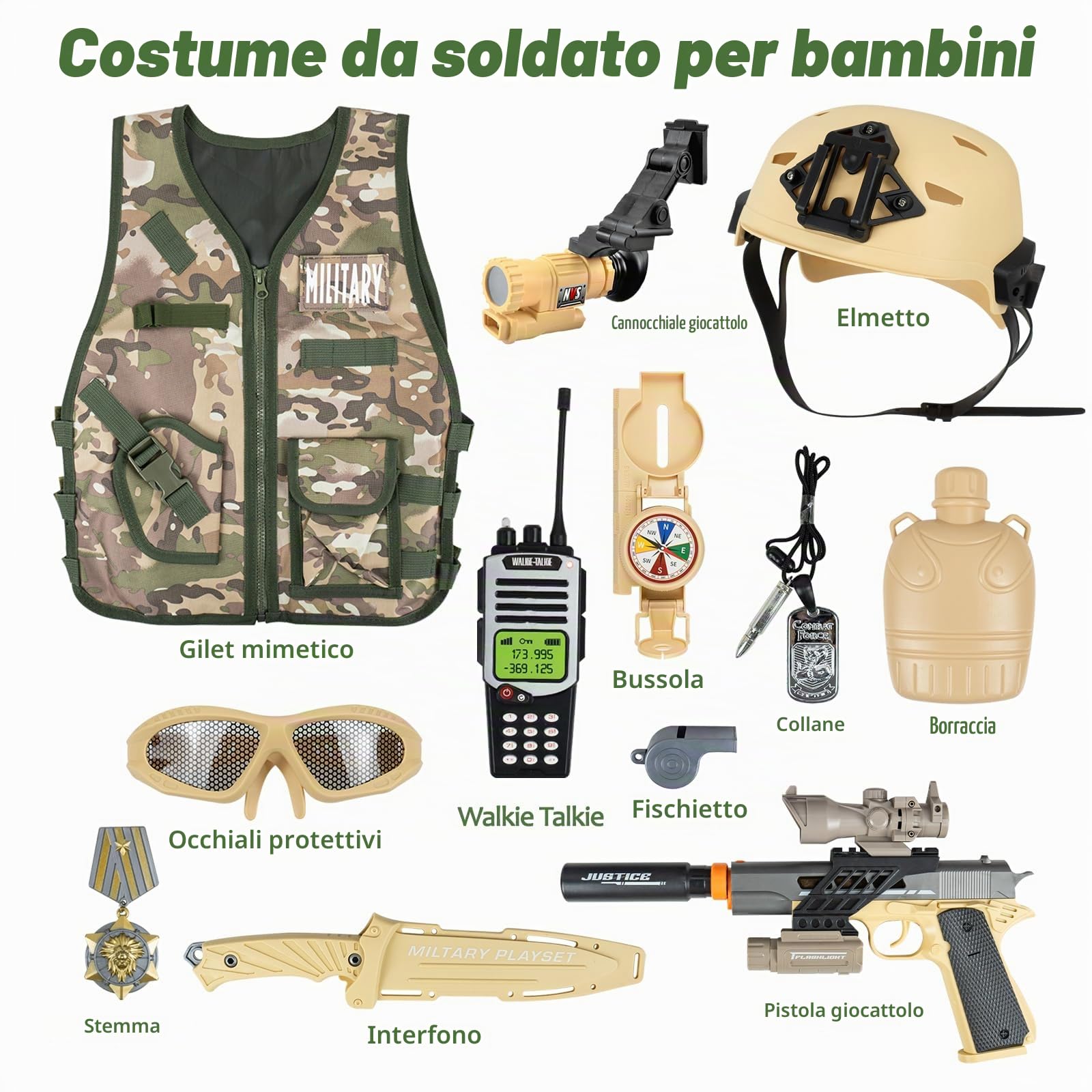 RedCrab Costume da Soldato Bambini, 12 Pezzi Costume Militare Bambino Soldato Vestito Militare con Walkie-Talkie, Gilet Militare e Casco, Ruolo Giocare Carnevale Costume Bambini Regalo