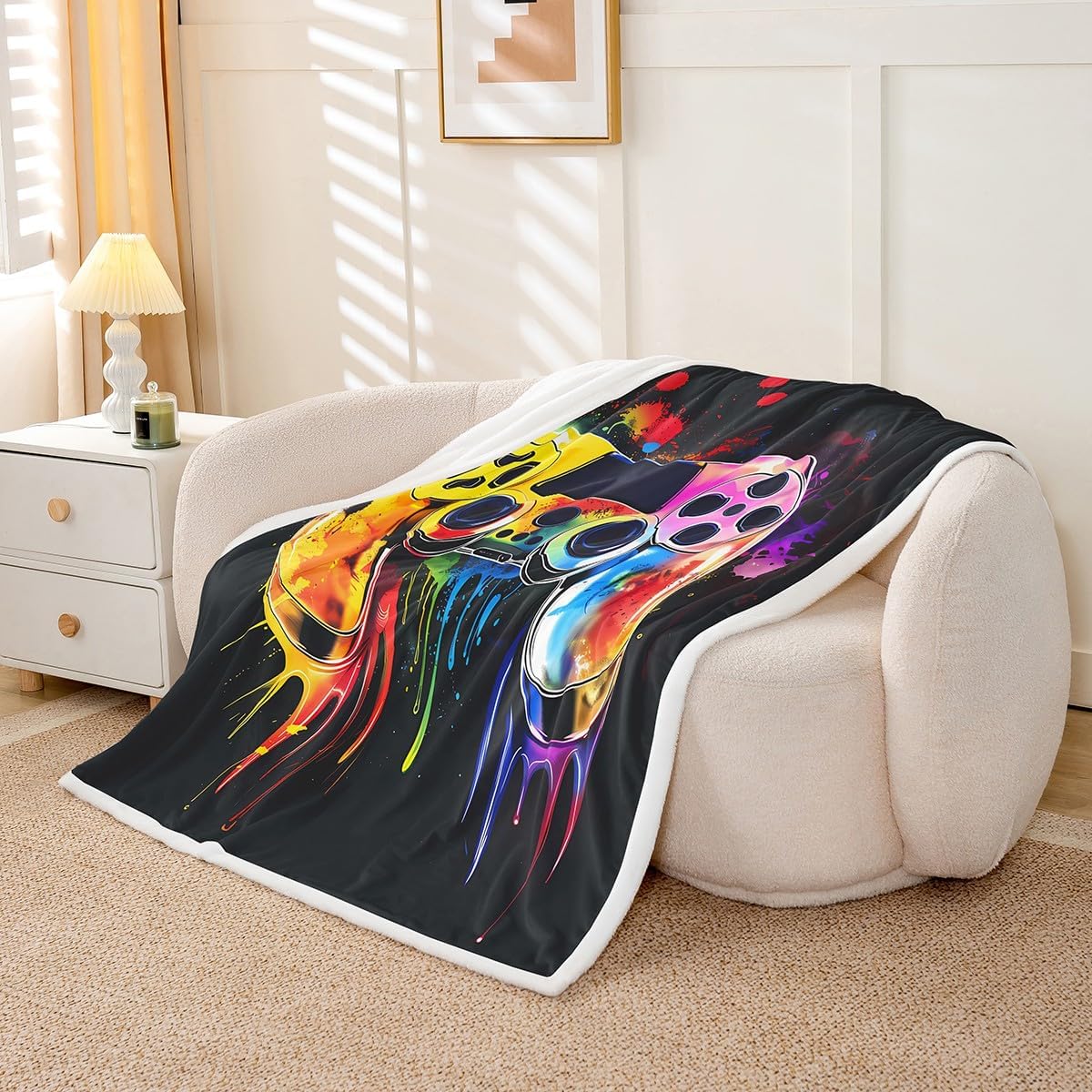 jejeloiu Colorful Gamer Fleece Throw Blanket Throw 50"x60" Boys Gaming Graffiti Plush Sherpa Blanket Fuzzy for Kids Girls Teens Game Console Print for Bed Couch Chair Living Room Breathable Gamepad