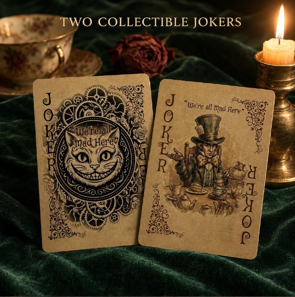 Alice in Wonderland Playing Cards - Vintage Down the Rabbit Hole Deck, 54 Linen-Finish Cards with Illustrated Court Cards & 2 Collectible Jokers, Gift Box for Card Games, Party Decor & Photo Props
