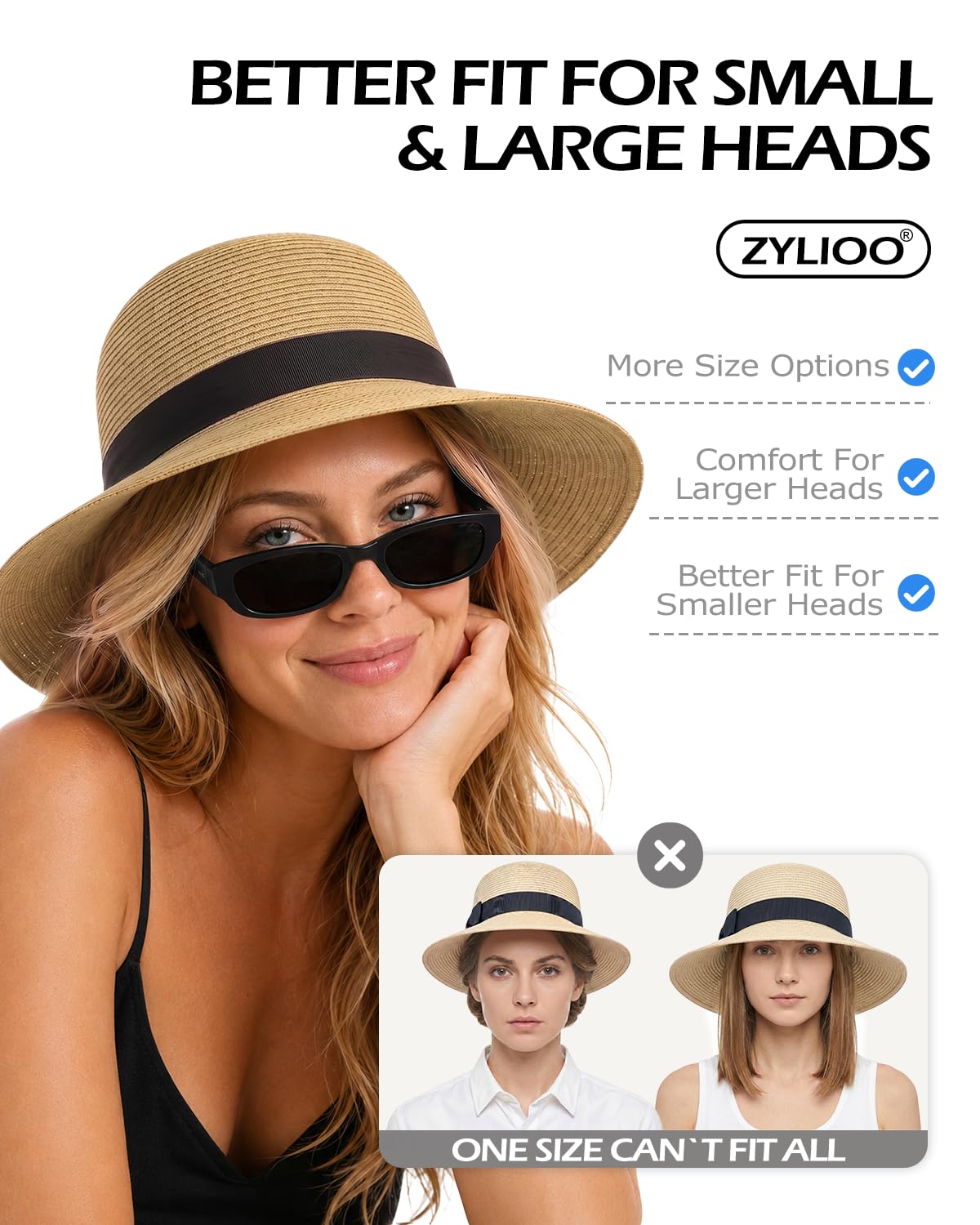 Feng Shui， S/M/L/XL/XXL Sombreros para el Sol Mujeres para Cabezas Grandes Sombrero de Paja de Verano Protección Solar Sombrero de Playa UPF 50+ Sombrero de Vacaciones Flexible de ala Ancha para