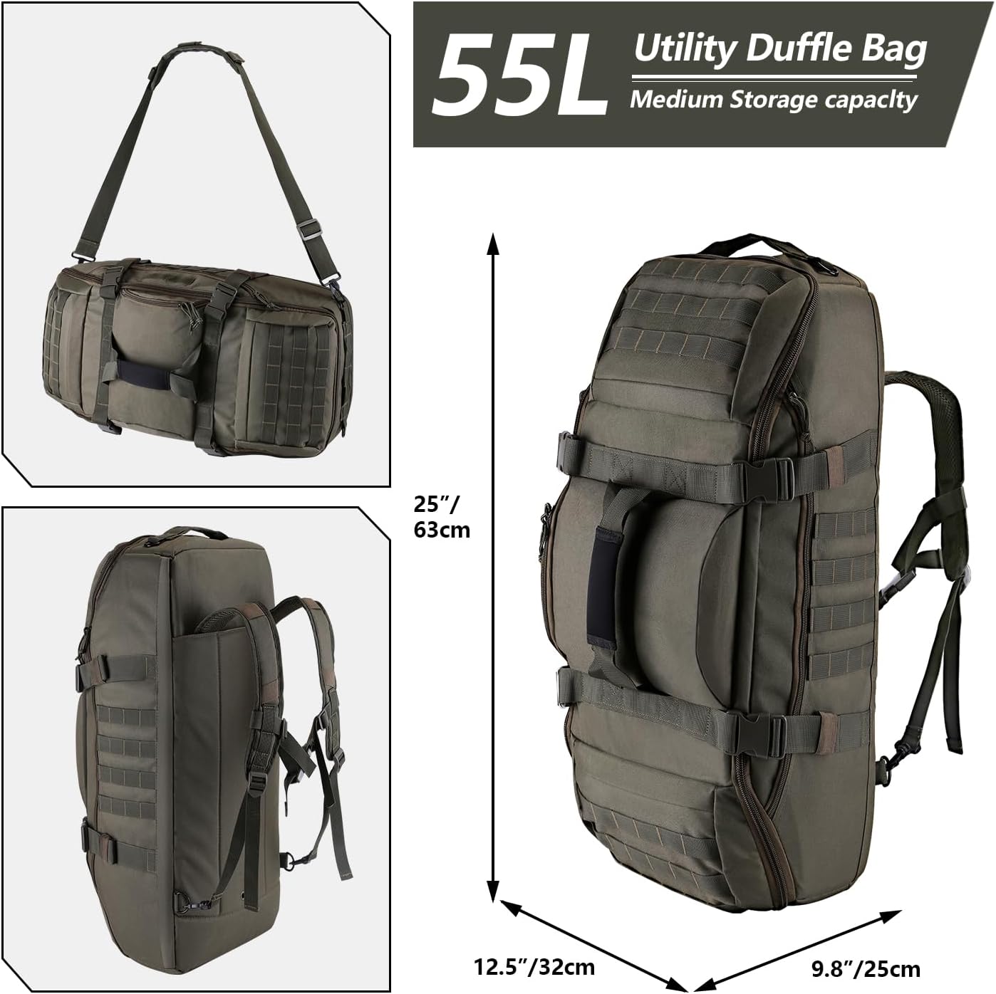 Hannibal Tactical 55L Large Duffle Bag, 3-in-1 Tactical Backpack MOLLE Pack for Sports, Gym, Outdoor, Olive Green