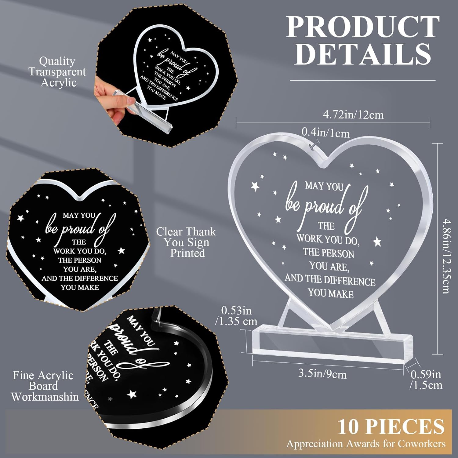 Bucherry 10 Pcs Employee Appreciation Awards for Coworker Acrylic Thank You Trophy May You Be Proud of The Work You Do Sign Prizes Retirement Goodbye Farewell Gift for Women Men(Heart) - Image 2