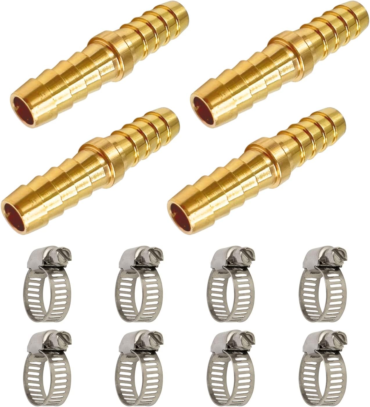 LIONMAXBarb Splicer Mender, 3/8 Inch to 3/8 Inch Barb Hose ID,(4 PCS), Brass Barb Union Hose Fittings, with 8 Hose Clamps, for Air/Water/Fuel/Oil