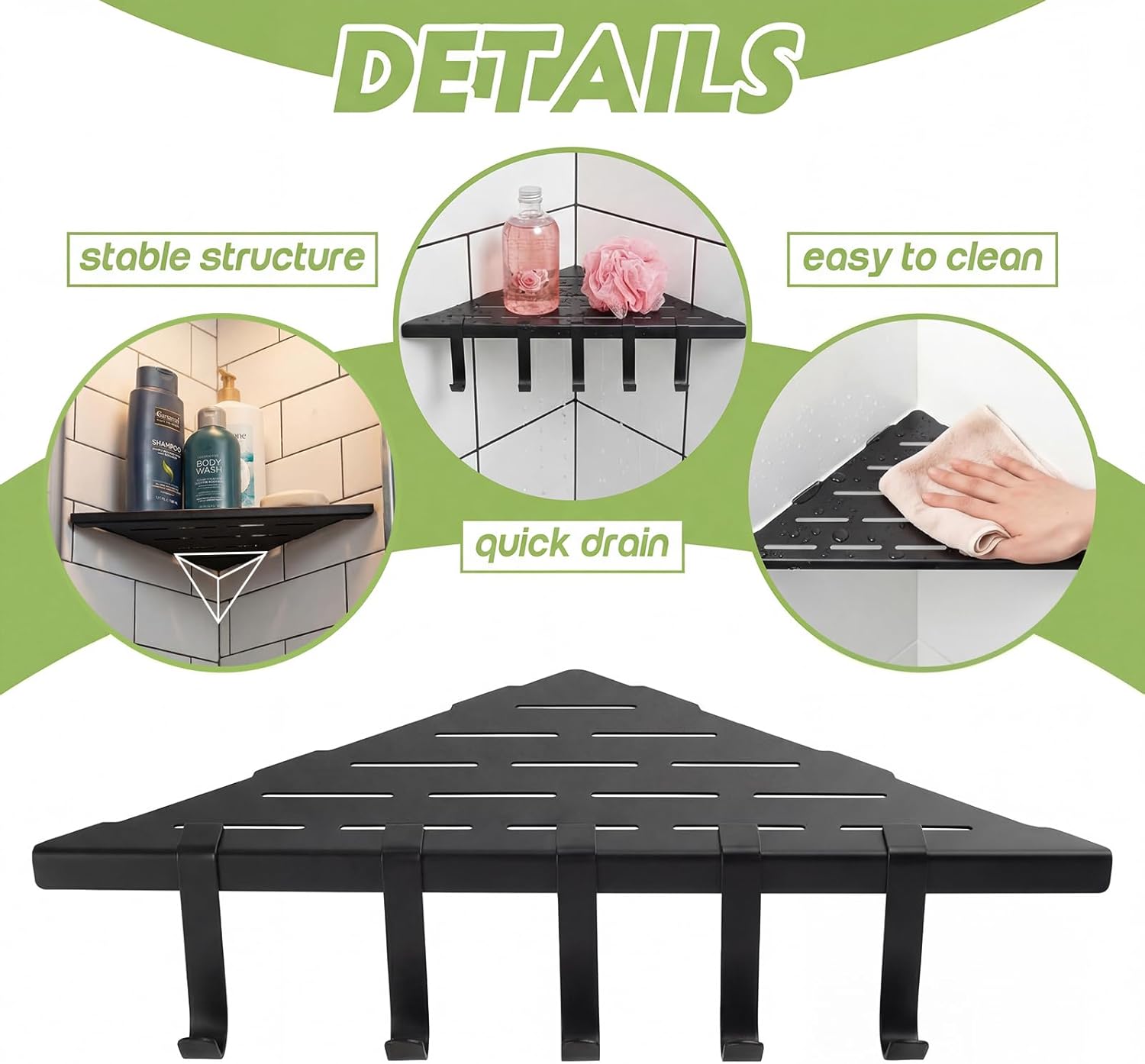 Wenqik 2 Pack 10'' Corner Shower Shelf with Hooks Sturdy 304 Stainless Steel, Space Saving Design Recessed Tile Shower Shelf for Inside, Tiled Walls, Bathroom Organization (Black)