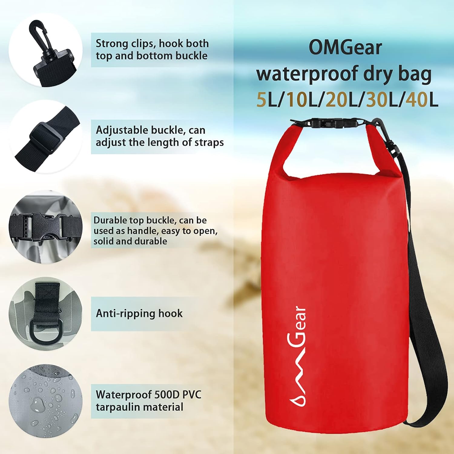 OMGear Waterproof Dry Bag Backpack Phone Pouch 40L/30L/20L/10L/5L Floating Dry Sack for Kayaking Boating Outdoors Activities - Image 3