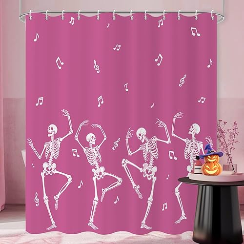 Miniatura 11 de Cortina de ducha de Halloween, para amantes de la música rock and roll en blanco y negro, divertida cortina de baño de esqueleto de calavera