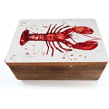Thorness Lobster Storage Box with Watercolour Art and Hinged Lid - 15cm x 10cm x 6cm, Coastal Home Decor