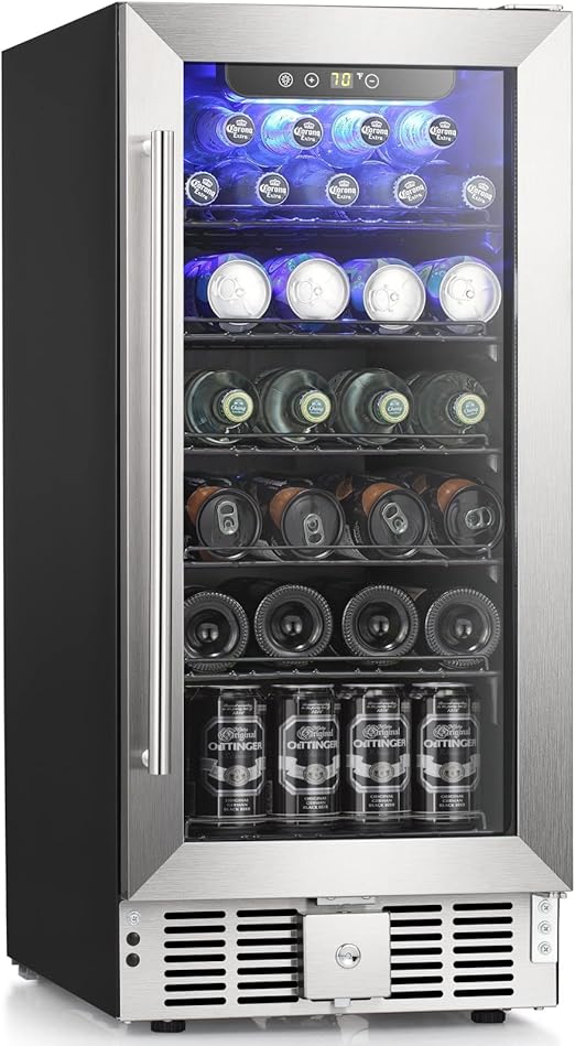 Antarctic Star 2.9 Cu.Ft Beverage Refrigerator,115 Can Beer Soda Wine Cooler, Low Noise, Transparent Glass Door, Stainless Steel LED Light, Safety Lock for Home and Bar, 15 Inch