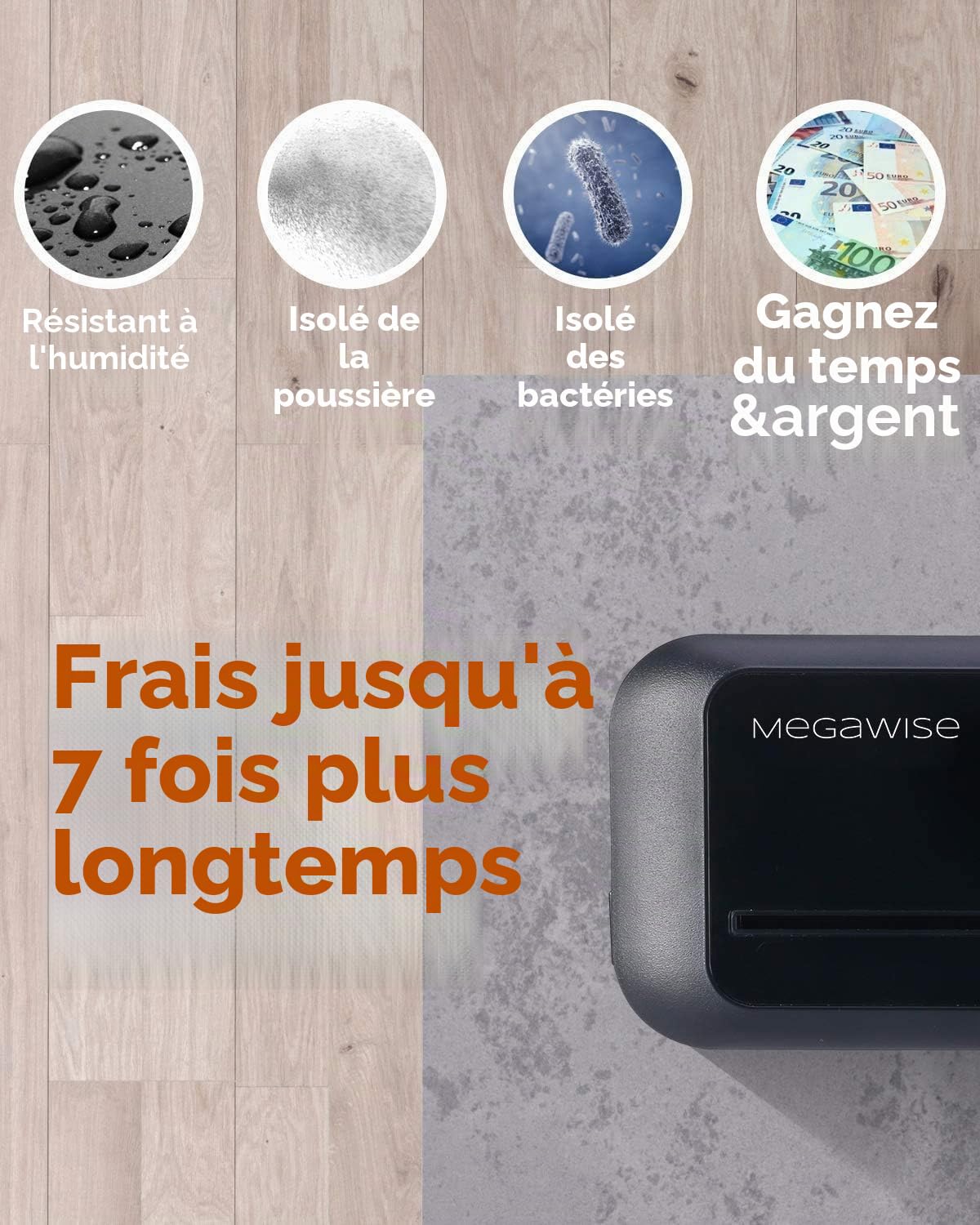 Machine à emballer sous vide MEGAWISE, scelleuse alimentaire portable à forte puissance d'aspiration, sacs et coupe-aliments inclus avec fonction de vide externe, économiseur de fraîcheur (argent)