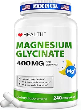 Magnesium Glycinate 400mg per Capsule 240 Capsules High Absorption Magnesium Supplement for Relaxation, Calmness & Muscle Support Gentle on Stomach - for Men and Women Made in USA