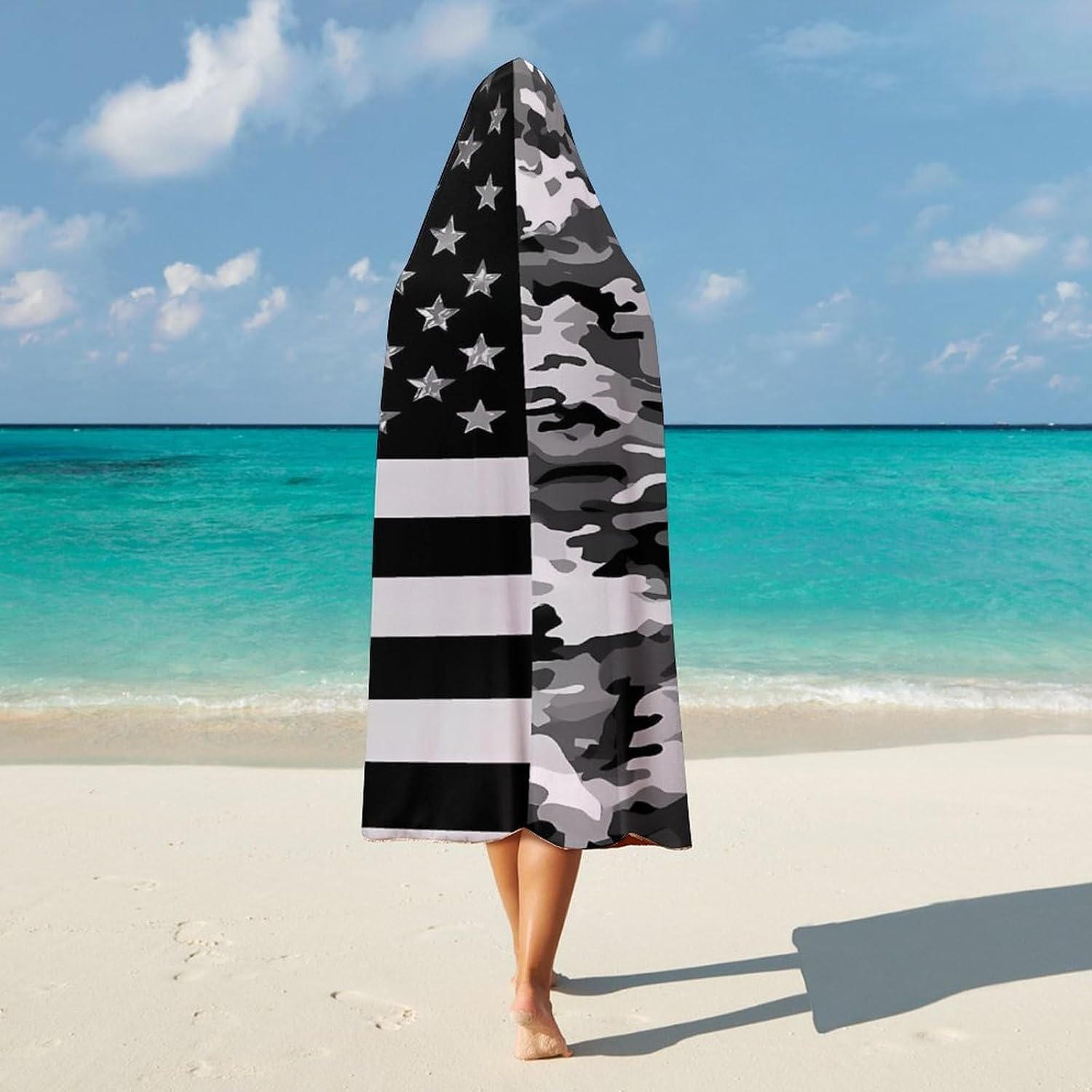 Army Green Camouflage US Flag Wearable Blanket Oversized Throw Cape | Cozy Hooded Blanket Gifts for Women Men