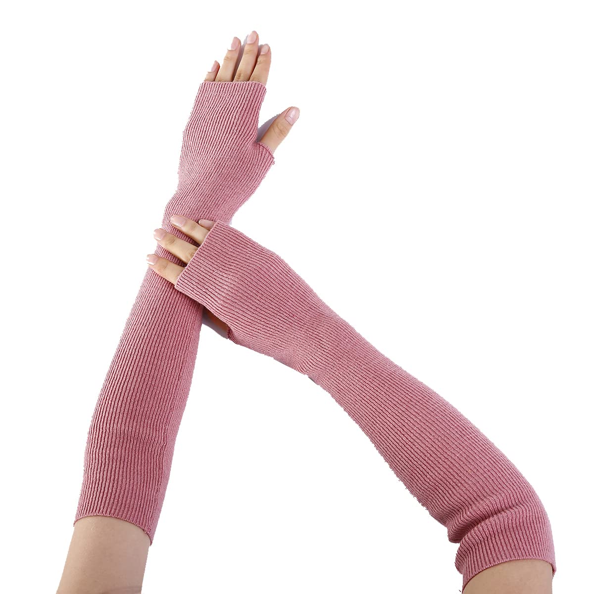 Camelliass Women's Pink Arm Warmer Long Fingerless Gloves Elbow Length Thumb Hole Winter Warm Knitted Gloves (Pink)