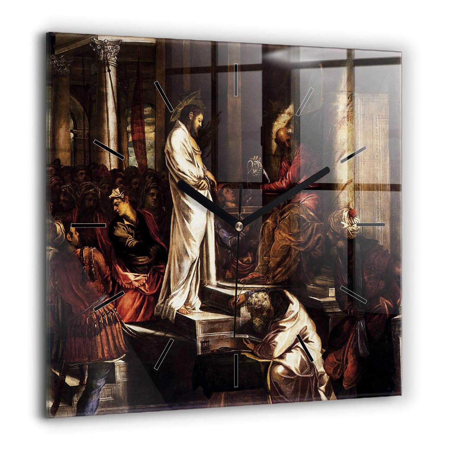 Sacroarte 60x60cm Orologio Orologio da parete In vetro lancette nere - La condanna di Gesù e Pilato