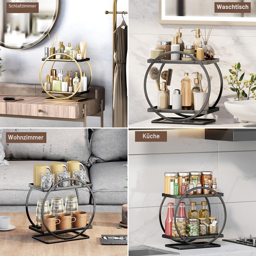 NUODWELL Make-up-Organizer für Schminktisch, 2-stöckig, Badezimmer-Arbeitsplatten-Organizer, Hautpflege, Kosmetik-Aufbewahrungsregal, Metall, Parfüm-Organizer für Schlafzimmer, Kommode (schwarz, rund)