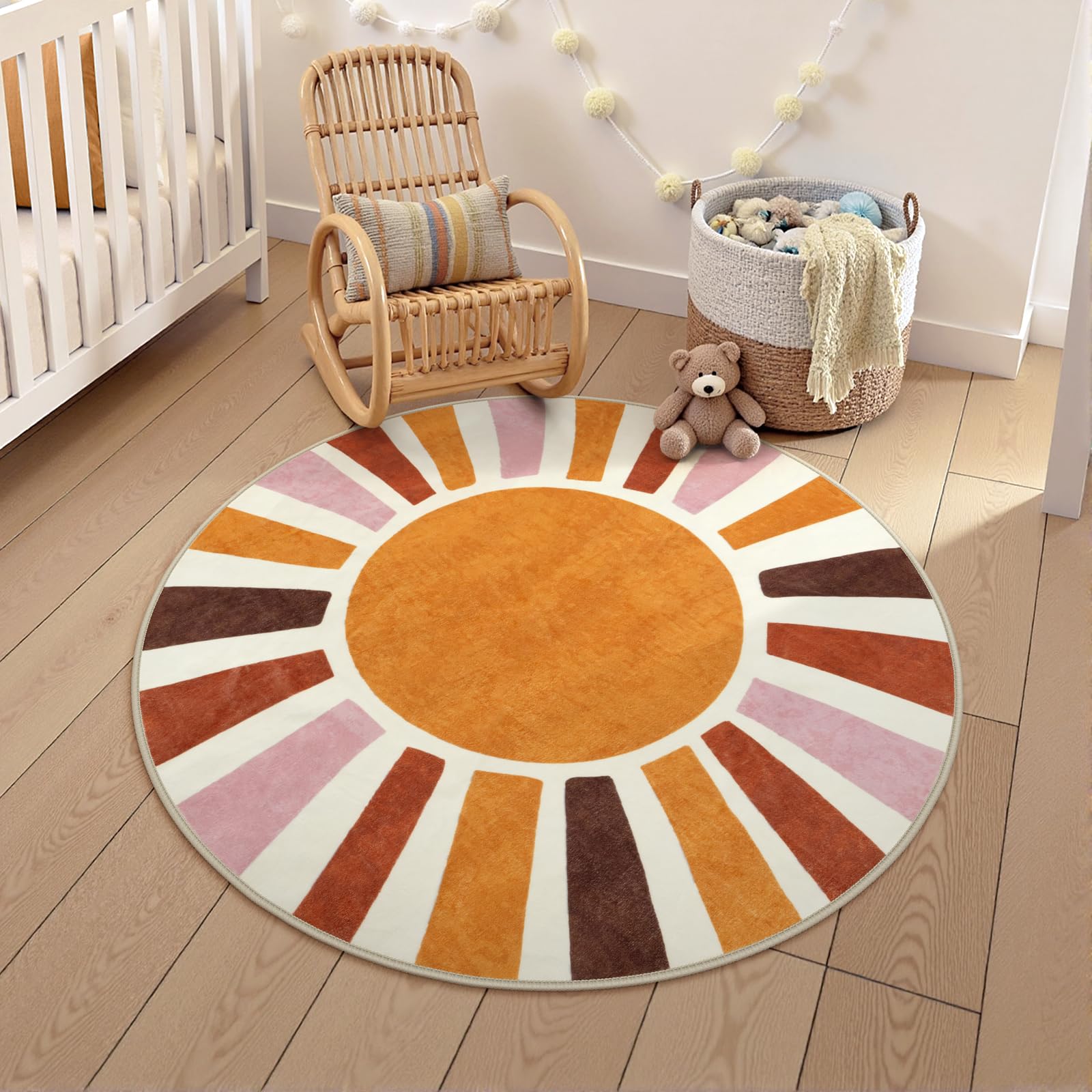 LIVEBOX Boho Nursery Rug Round 4ft Sun Rainbow Rug for Girls Bedroom, Soft Retro Colorful Circular Rugs for Kids Room, Non-Slip Circle Cute Washable