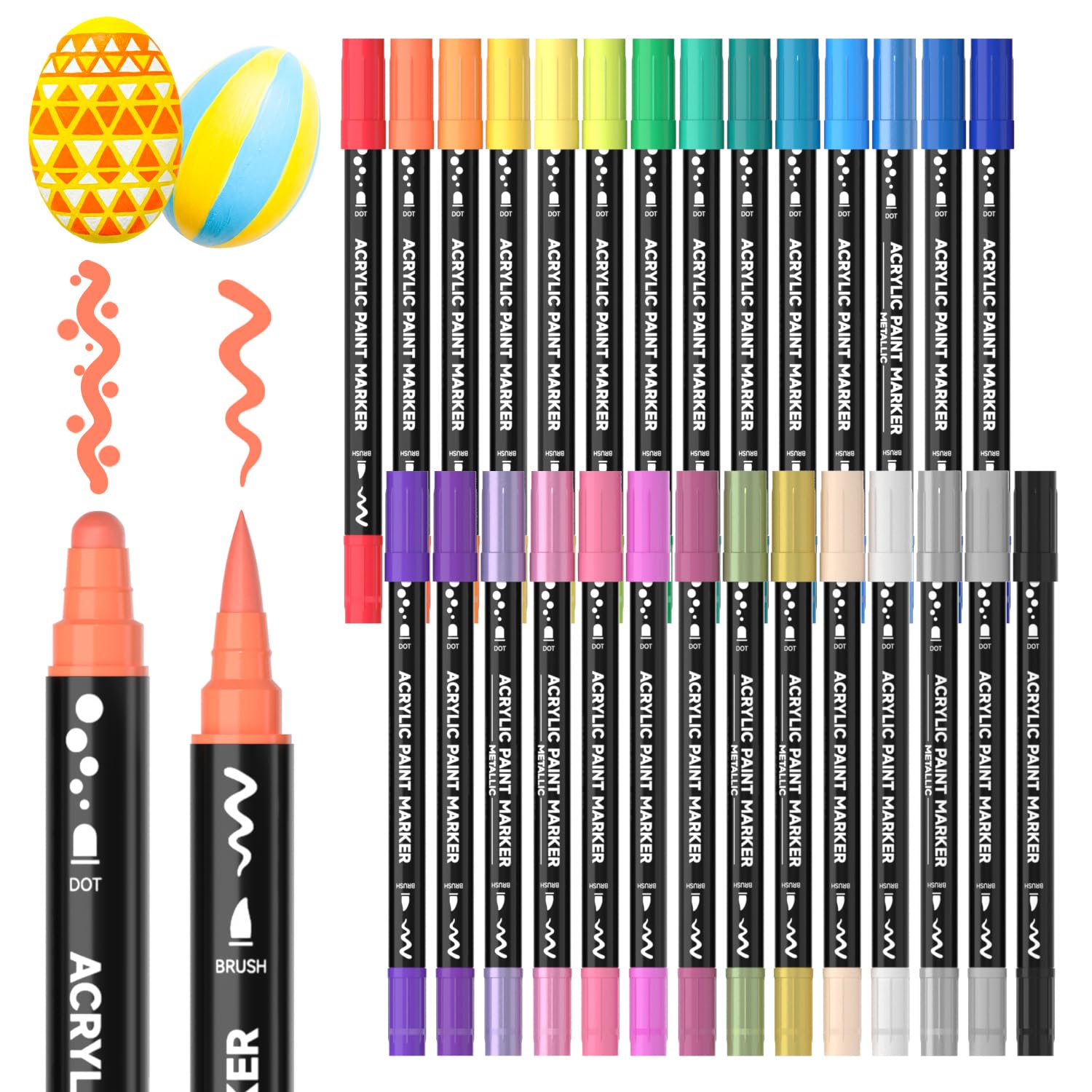 Shuttle Art 28 Colors Dual Tip Acrylic Paint Markers, Brush Tip and Dot Tip Acrylic Paint Pens for Rock, Ceramic, Wood, Canvas, Plastic, Glass, Stone,