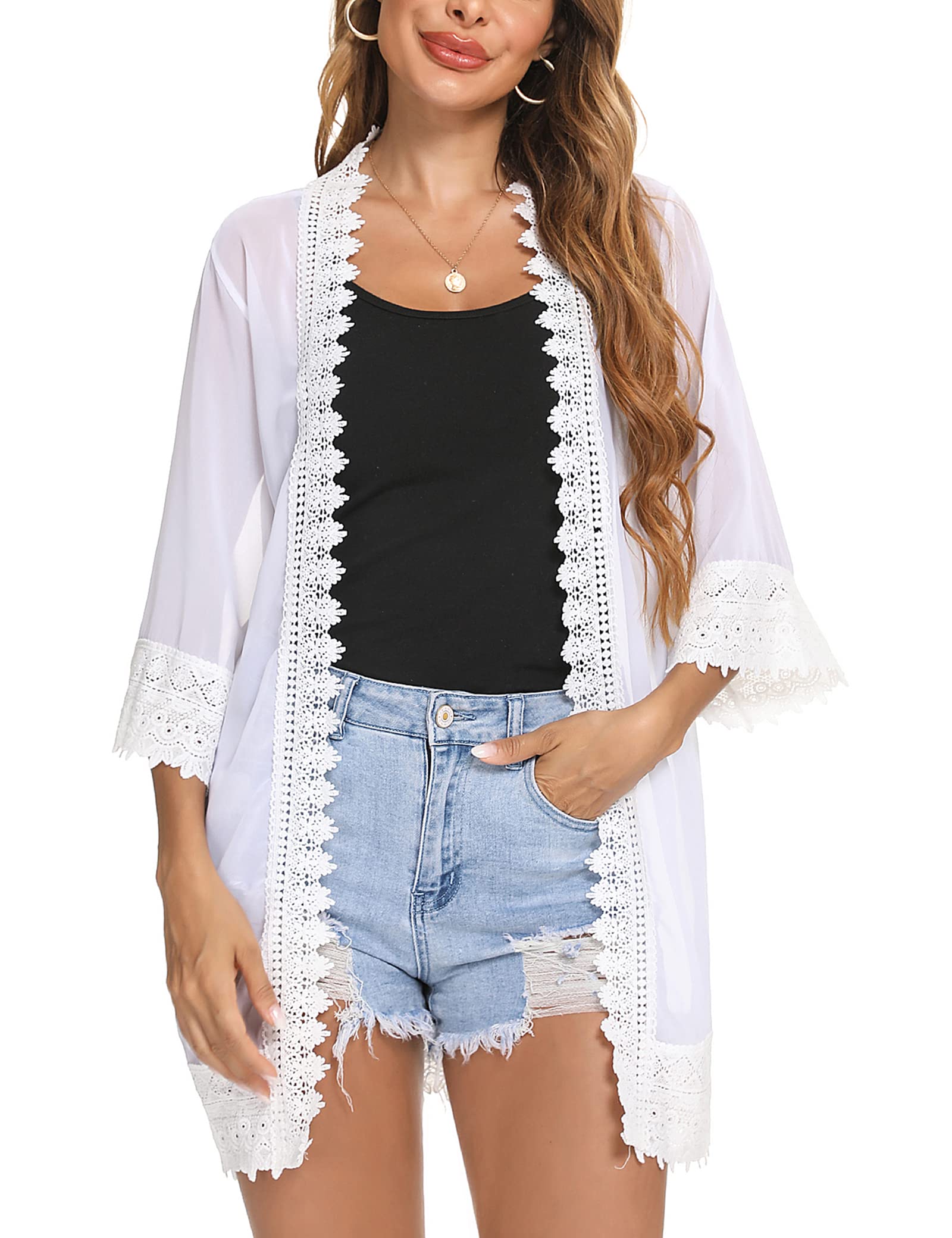 NC Aottori Cardigan de Gasa Mujer Elegante 3/4 Manga Camisolas y Pareos Playa Chal Cardigans Ligero Verano Kimono Blusa Informal Top Sexy Playa Traje de Baño Capas Blanco L