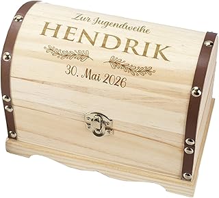 Herz & Heim® Personalisierbare Schatztruhe aus Holz mit Gravur – Geschenkbox mit Wunschtext – 3 Größen – Truhe für Geldgeschenke, Erinnerungen & mehr (M)
