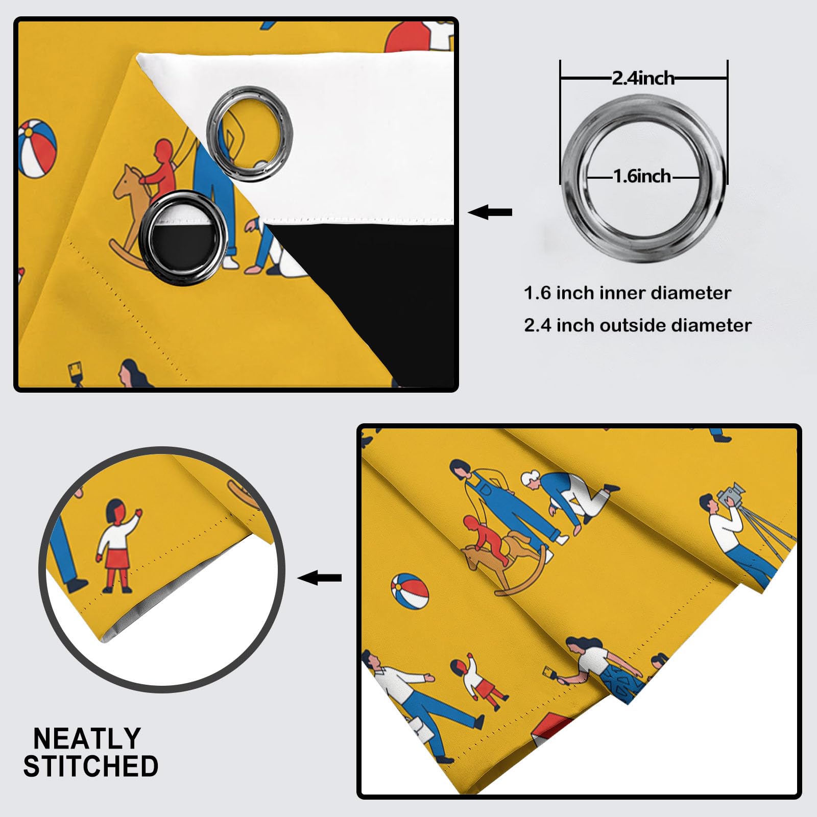 Rideau Occultant Vie Famille Dessin Animé Thermiques Anti Froid, 140x175cm Rideaux Fenêtre Opaque Jeux Parents-Enfants à Oeillets Anti UV Intérieurs Decoration Dressing Salon Chambre Maison, Jaune