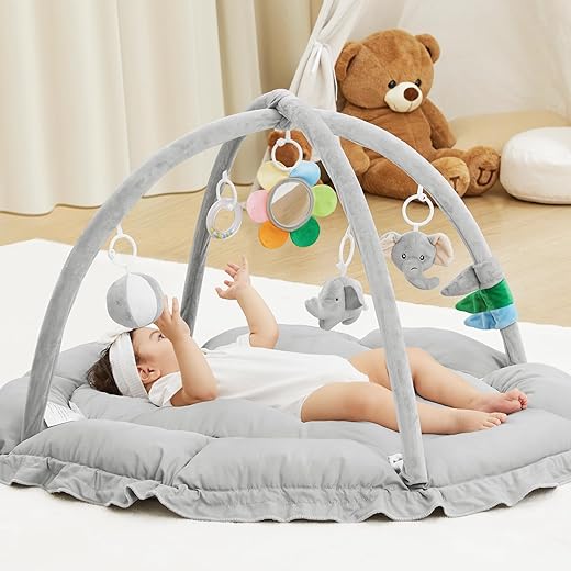 ANGELBLISS 5 in 1 Baby Play Gym Mat, Reversible Tummy Time Mat with 5 Sensory Toys for Stage-Based Developmental, Thick & Large Baby Activity Center from Newborn to Toddler