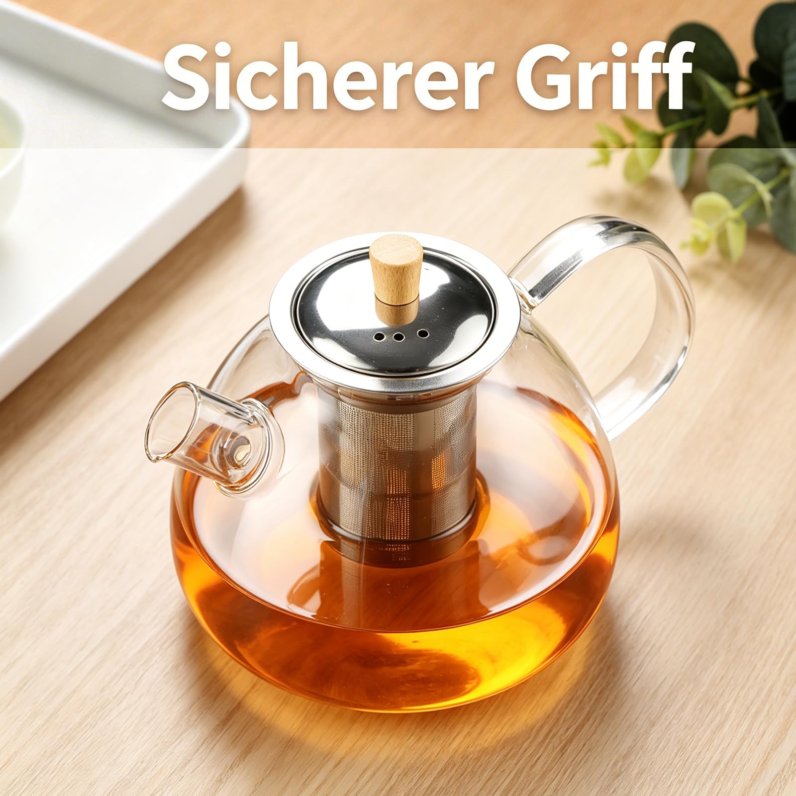 Glas Teekanne mit Siebeinsatz, 1,5 Liter Verstärkte Glasstärke Robuster Teapot, Glasteekanne für Grüntee, Schwarzen Tee, Duftenden Früchtetee
