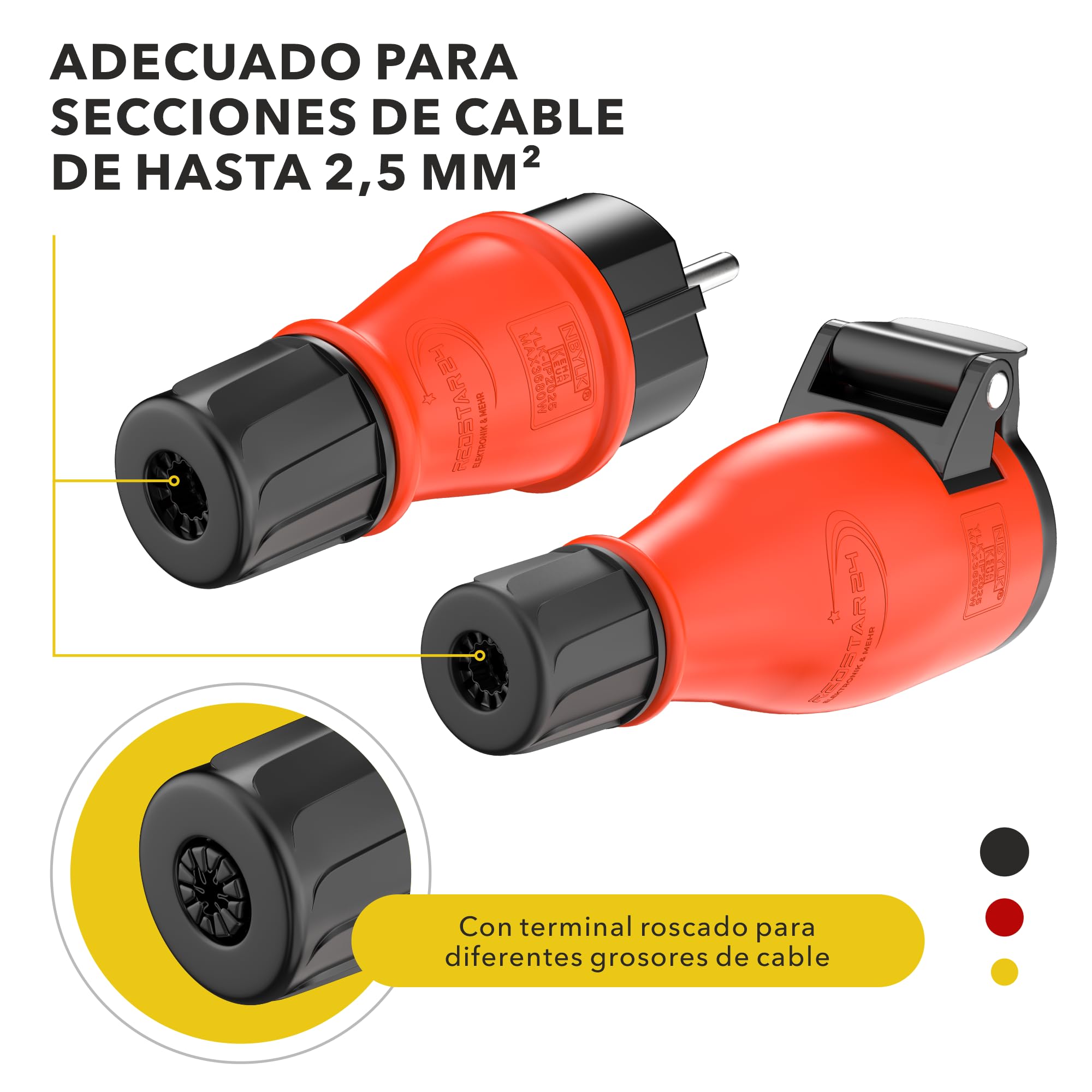 Clavija Enchufe Macho Electricas | Conjunto Enchufe / Toma Schuko de goma IP54 | Macho y Hembra |Extensión | Goma y plástico | Uso en exteriores | Negro / Rojo