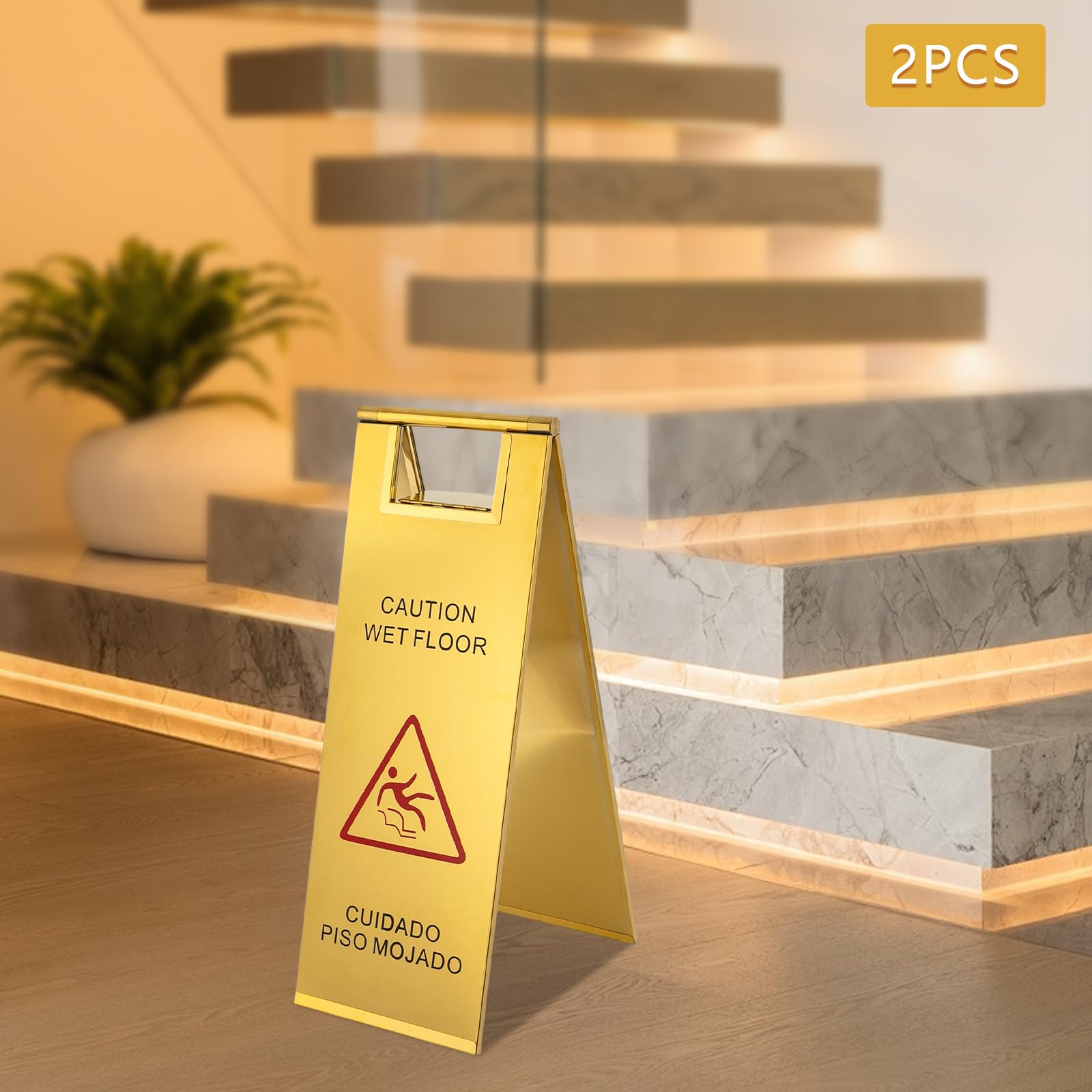 2 Pcs Stainless Steel Wet Floor Sign Portable Caution Wet Floor Sign Foldable Handle Bilingual Safety Warning Signs for Restaurant Restroom Office, Gold 24in